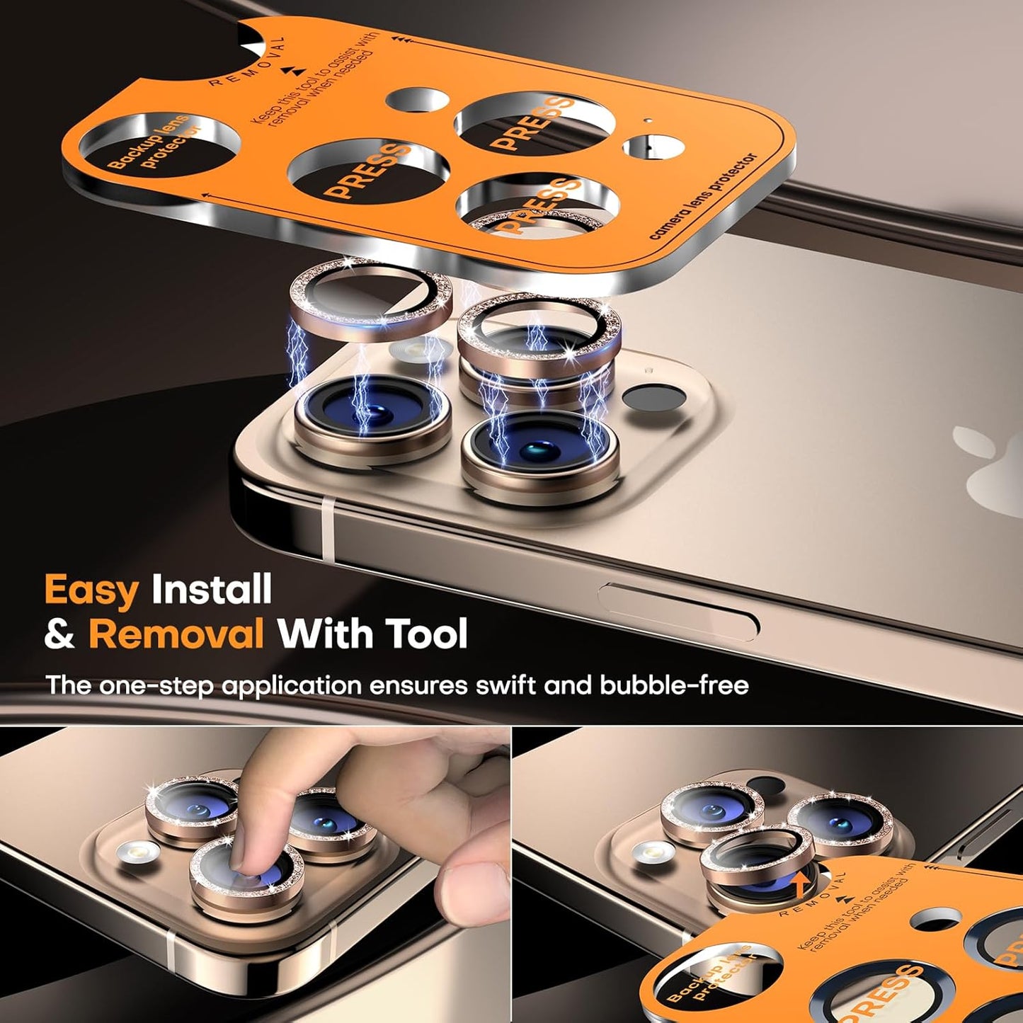 Camera Lens Protector for iPhone 16 Pro Max/16 Pro/15 Pro Max/15 Pro/14 Pro Max/14 Pro, Sapphire Glass Metal Individual Camera Cover Screen, Anti-drop, Case Friendly- Glitter Desert Titanium