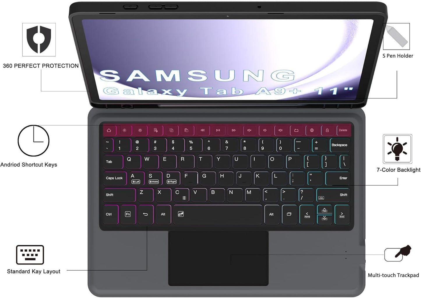 for Galaxy Tab A9+ 11 inch Case with Keyboard - Rainbow Backlit Detachable Tablet Keyboard Cover with Touchpad - Auto Wake-up/Sleep Keyboard Case with Pen Holder for Samsung Galaxy Tab A9 Plus 5G 2023
