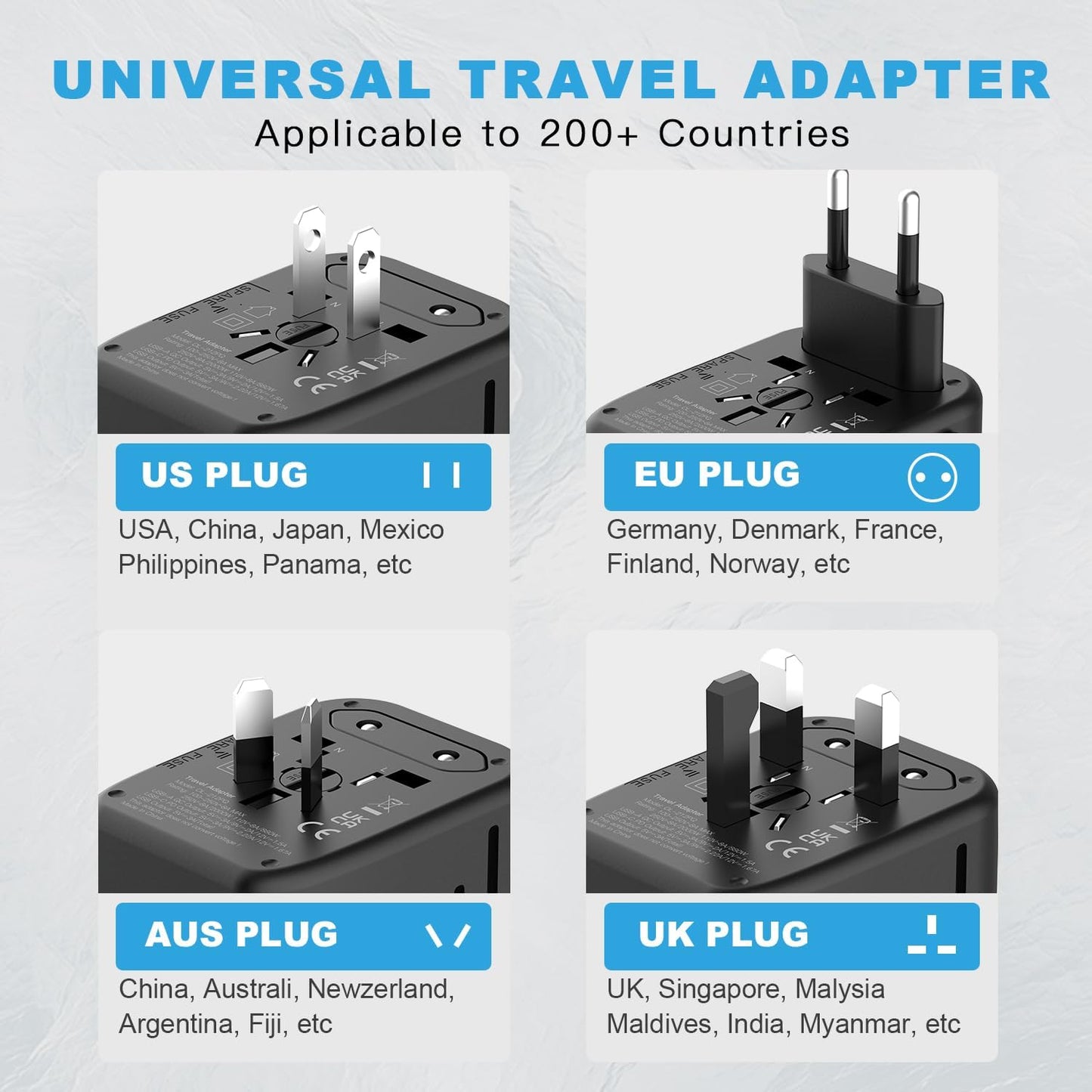 Universal Travel Adapter, GaN 65W International Power Adapter, 3 USB-C & 1 USB-A Fast Charging Travel Charger, All in One Worldwide Travel Plug Adapter, Outlet Adapter for Europe UK USA AU