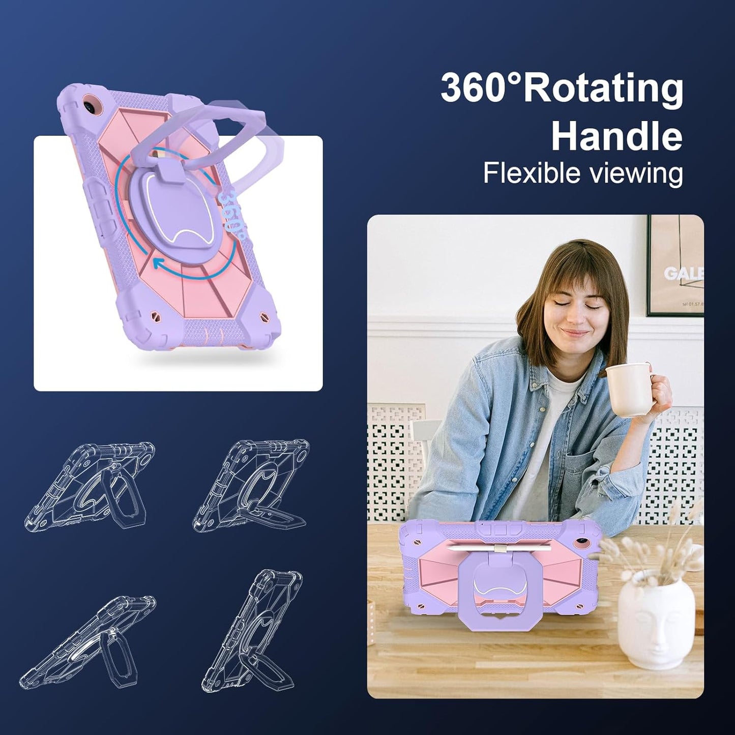 for Galaxy Tab A9 Plus Case 11 Inch, Rugged Case for Samsung Galaxy A9+ Tablet with Screen Protector 360 Rotating Stand Shoulder Strap Pen Holder, 2023 Model(SM-X210/X216/218), Purple Rose