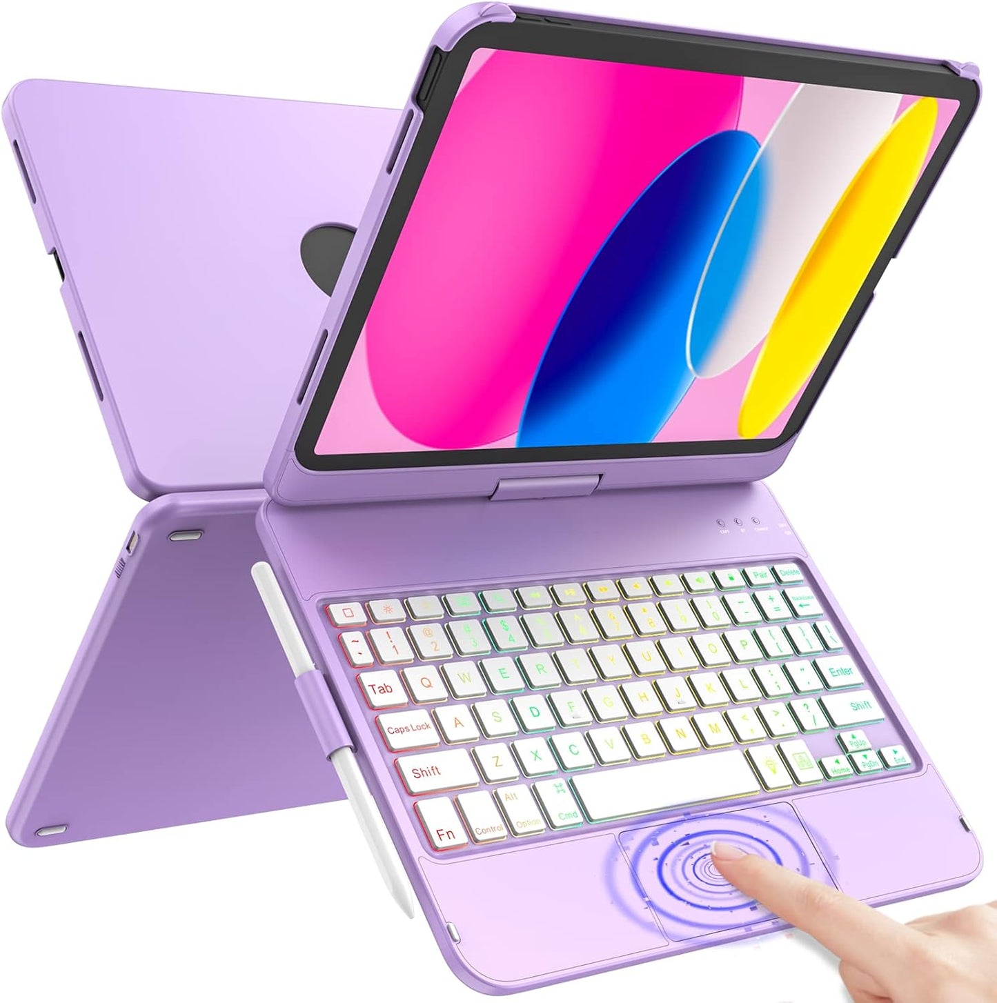 for iPad A16 11th Generation/10th Generation Case with Keyboard,Touch Keyboard for iPad 11" /10th Gen 10.9 inch 2022-10 Color Backlight, 360° Rotatable Protective Cover (Light Purple)