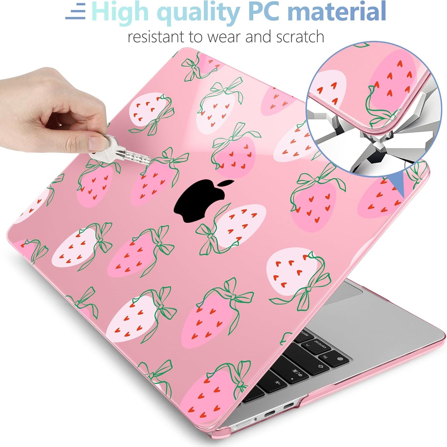 MEEgoodo Case for MacBook Air M4/M3/M2 13.6 inch 2025 2024 2022, Fit Model A3240 A3113 A2681, Compatible with MacBook Air 13 inch, Laptop Hard Shell Case with Keyboard Cover, Strawberry & Bow