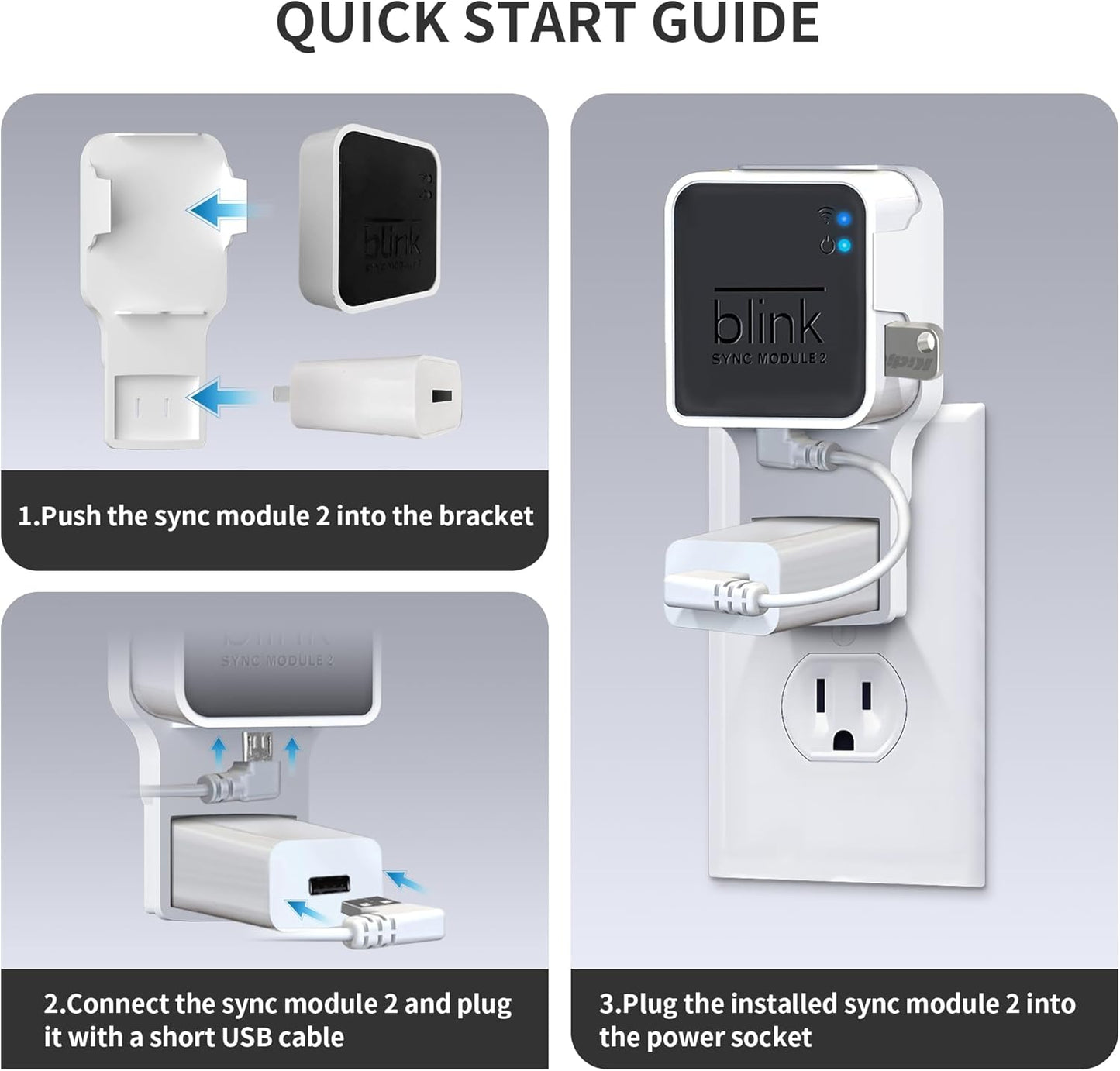 256GB USB Flash Drive & Outlet Wall Mount for Blink Sync Module 2 with Short Cable - Save Space - No Messy Wires - Easy Move Mount Bracket Holder for Blink Outdoor Indoor Security Camera (2 Pack)