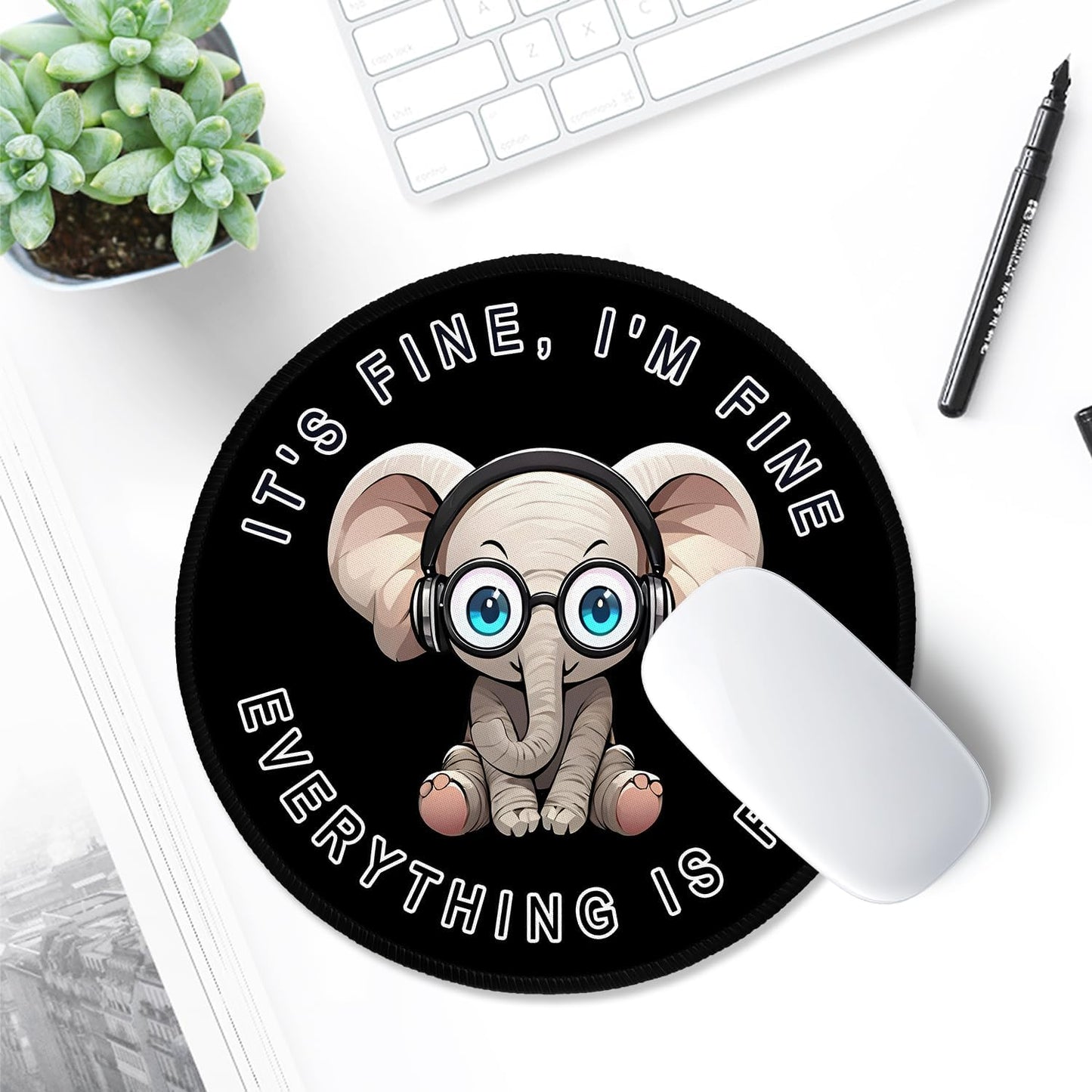 ITNRSIIET Round Mouse Pad with Stitched Edge Premium-Textured Waterproof Non-Slip Rubber Base Desktop Protection Mat Diameter 8.7 inches, Pretty Fine Elephant