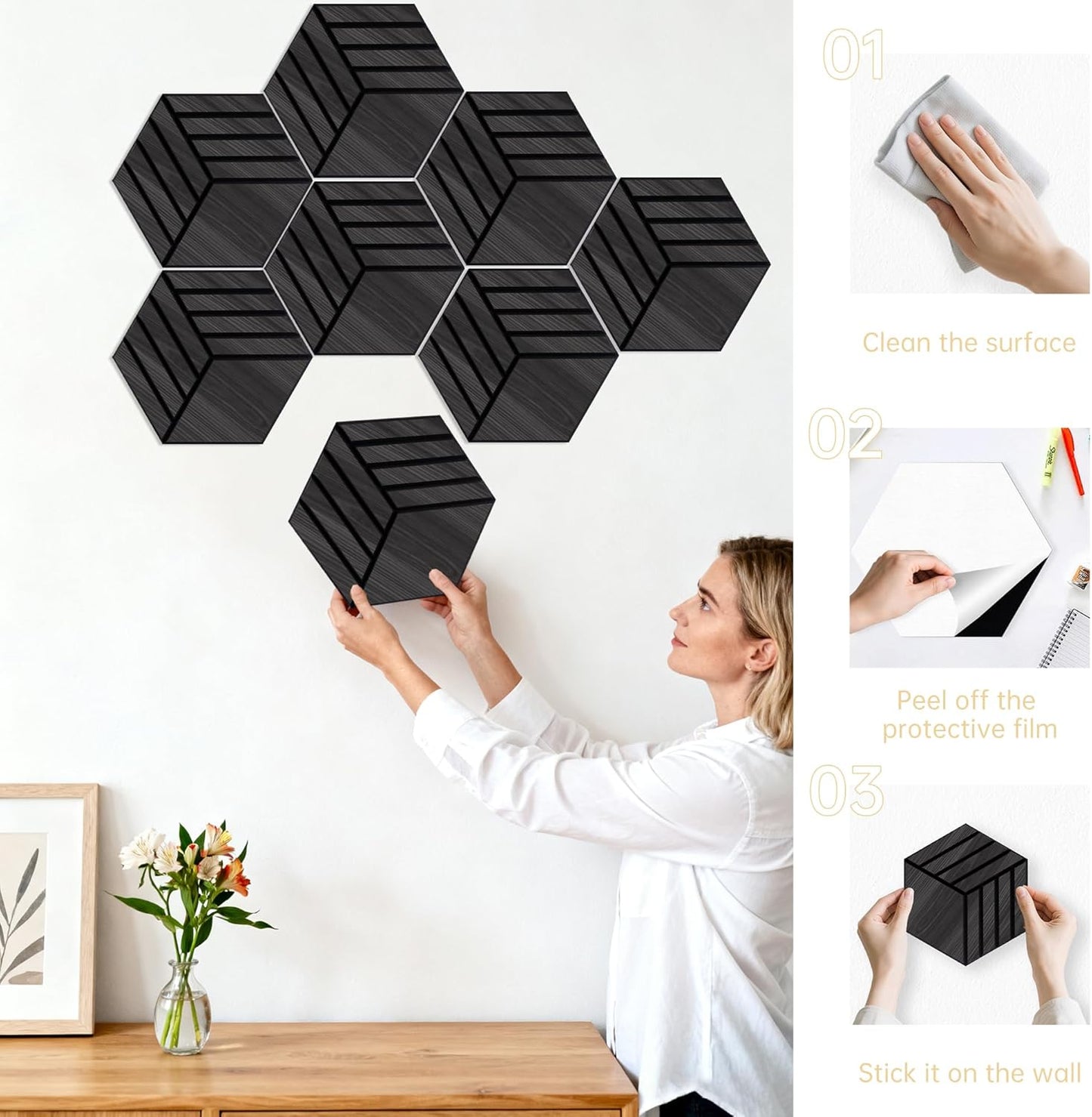Mollywell Hexagon Acoustic Panels, Black Oak TW4, 14x12x0.4 Inch, 12 Pack |Wood Veneer|High Density Sound Proofing Wall Panels|Self Adhesive Sound Dampening Felt Wall Tiles|Home Theater|Gaming Room|