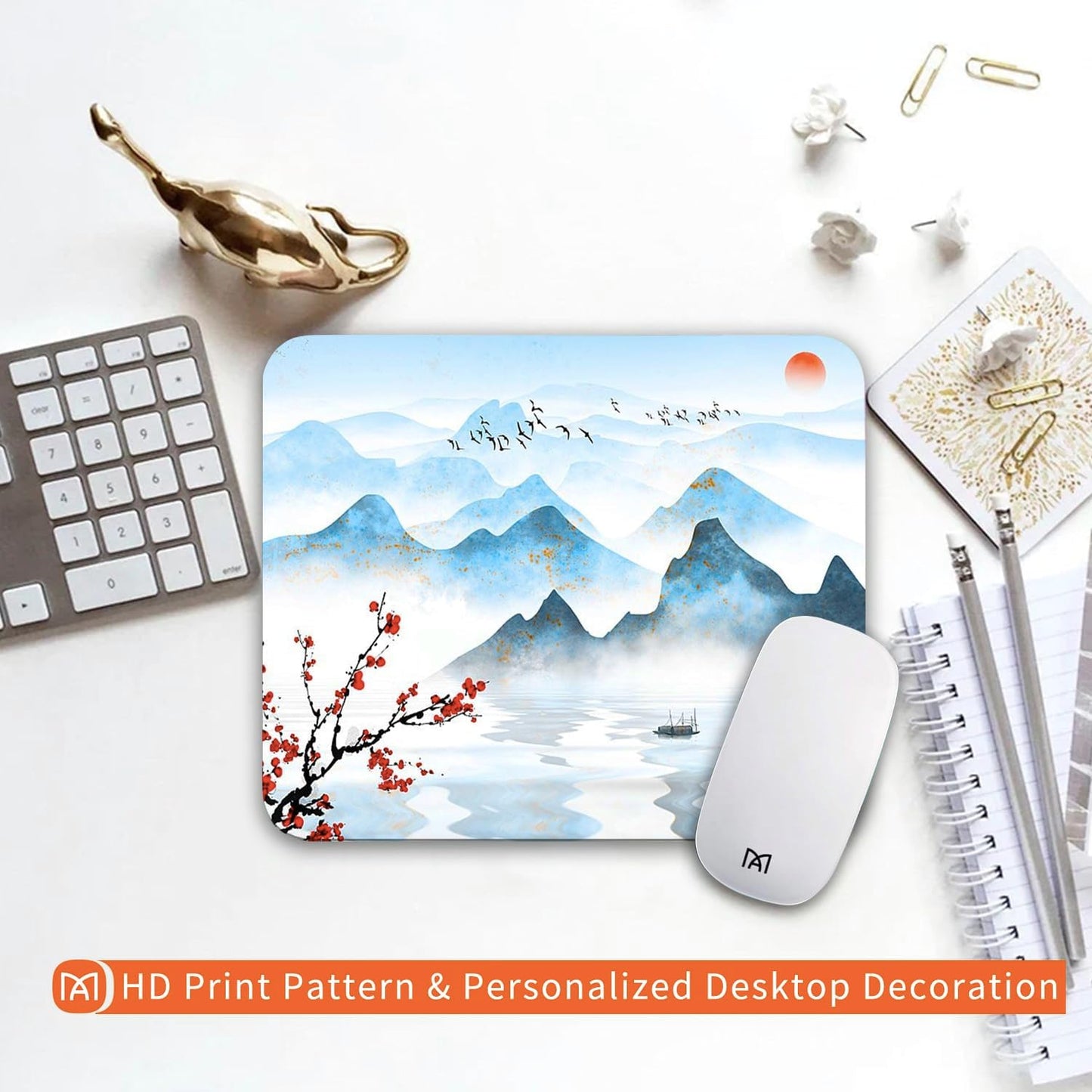Square Mouse Pad Ink Painting Landscape, Personalized Premium-Textured Custom Mouse Mat Design, Washable Mousepad Cloth, Non-Slip Rubber Base Computer Mouse Pads for Wireless Mouse