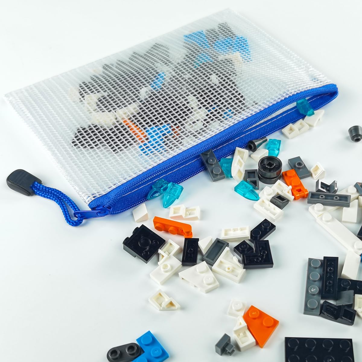 AUSTARK 10 Pcs Zipper File Bags, Waterproof Plastic Mesh Pouch for Office School, Board Game Storage Bags (B6 Size 7.6''x5.3'', White and Blue)