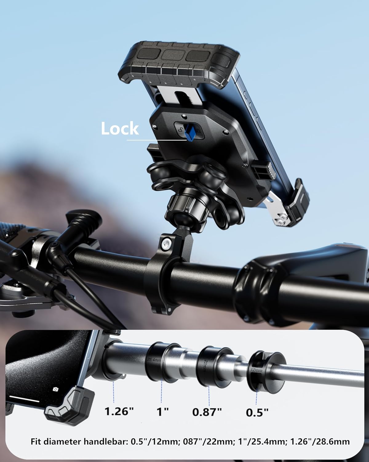 Kewig Motorccyle Phone Mount with Vibration Dampener, 1s Lock Motorcycle Phone Holder with Aluminum Alloy Mounting Base, Bike Handlebar Phone Holder for Motorcycle Bike Scooter, for 5.5''-7.2'' Phones
