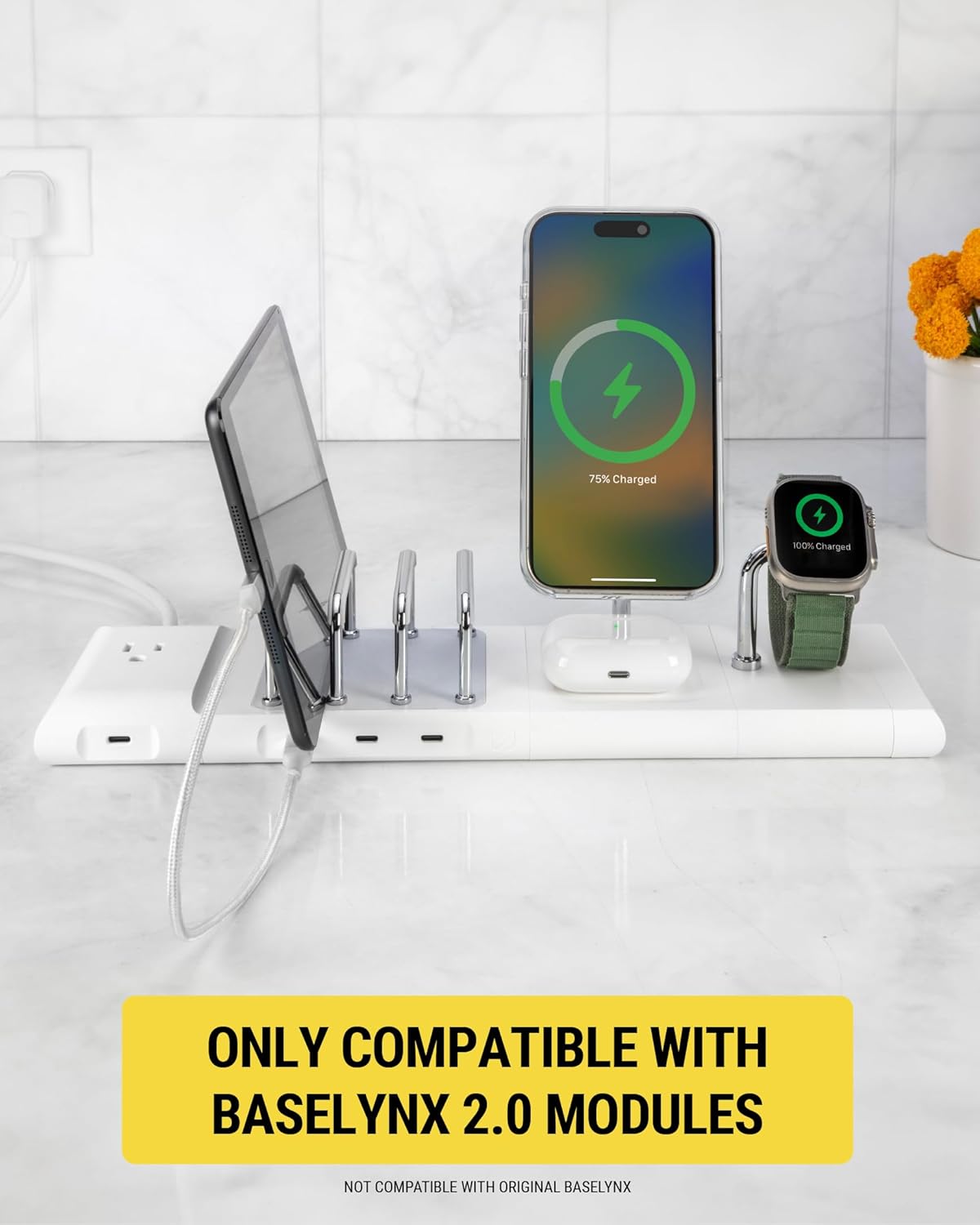 Scosche BL2PEACWT-AP BaseLynx™ 2.0 End Cap Modular System, 67W USB-C Charger Port & AC Outlet Extension Compatible with Apple iPhone, iPad, MacBook & More, Charging Station for Multiple Devices, White