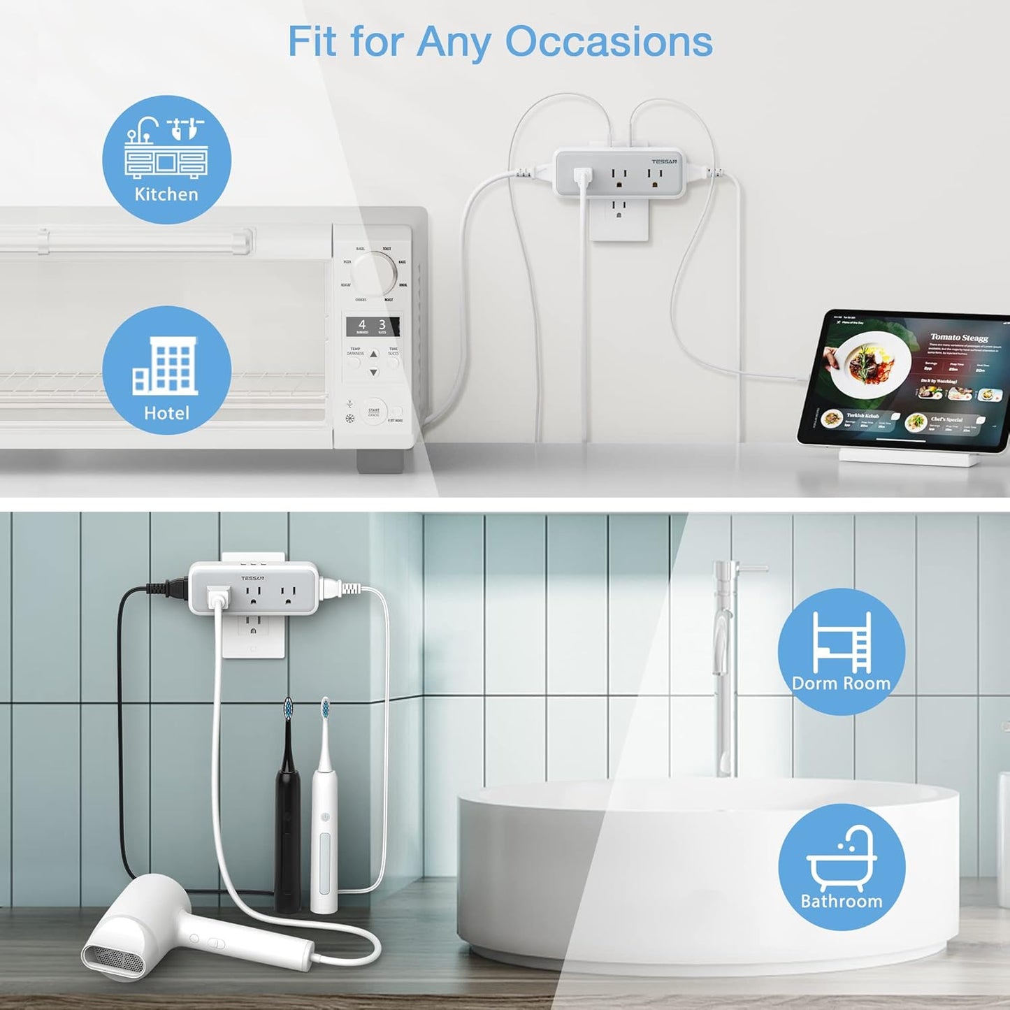 Multi Plug Outlet Extender, USB C Wall Charger, TESSAN Wall Plug Splitter with 5 Outlets and 3 USB, Electrical Power Expander with Surge Protector Spaced for Home Office Dorm Room