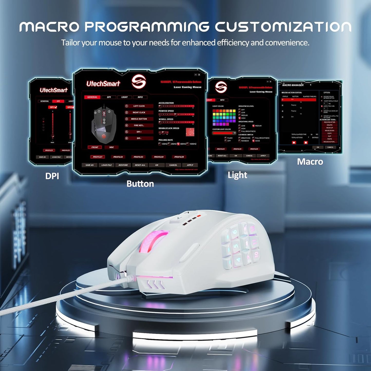 UtechSmart Venus Gaming Mouse RGB Wired, 16400 DPI High Precision Laser Programmable LED MMO Computer Gaming Mice with 12 Side Buttons