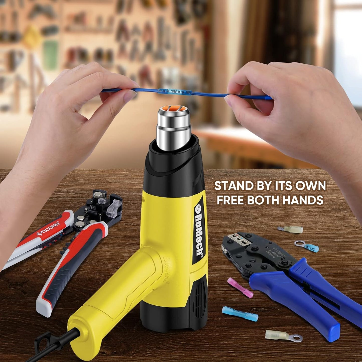 ROMECH 1500W Heavy Duty Heat Gun, Variable Temperature Control Hot Air Gun Kit with 2 Air Flow 120°F~1200°F and 4 Nozzles for Crafts Shrink Wrap (Yellow)