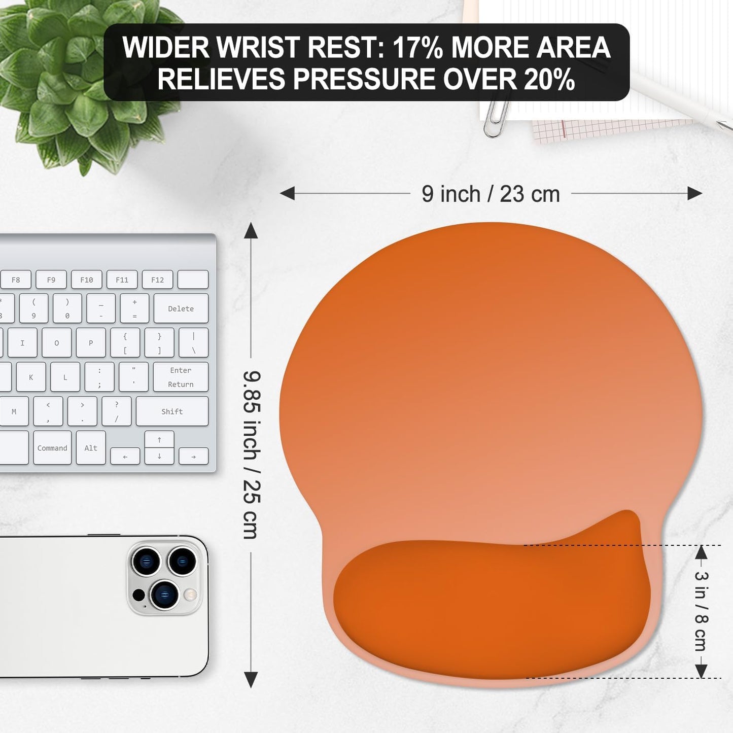 ITNRSIIET Ergonomic Mouse Pad with Wider Memory Foam Wrist Rest +17% - Curved Cushion Reduces Pressure 20%, Pain Relief, Non-Slip, Smooth, Cute Colors, 9.85 x 9 in, Peach Gradient