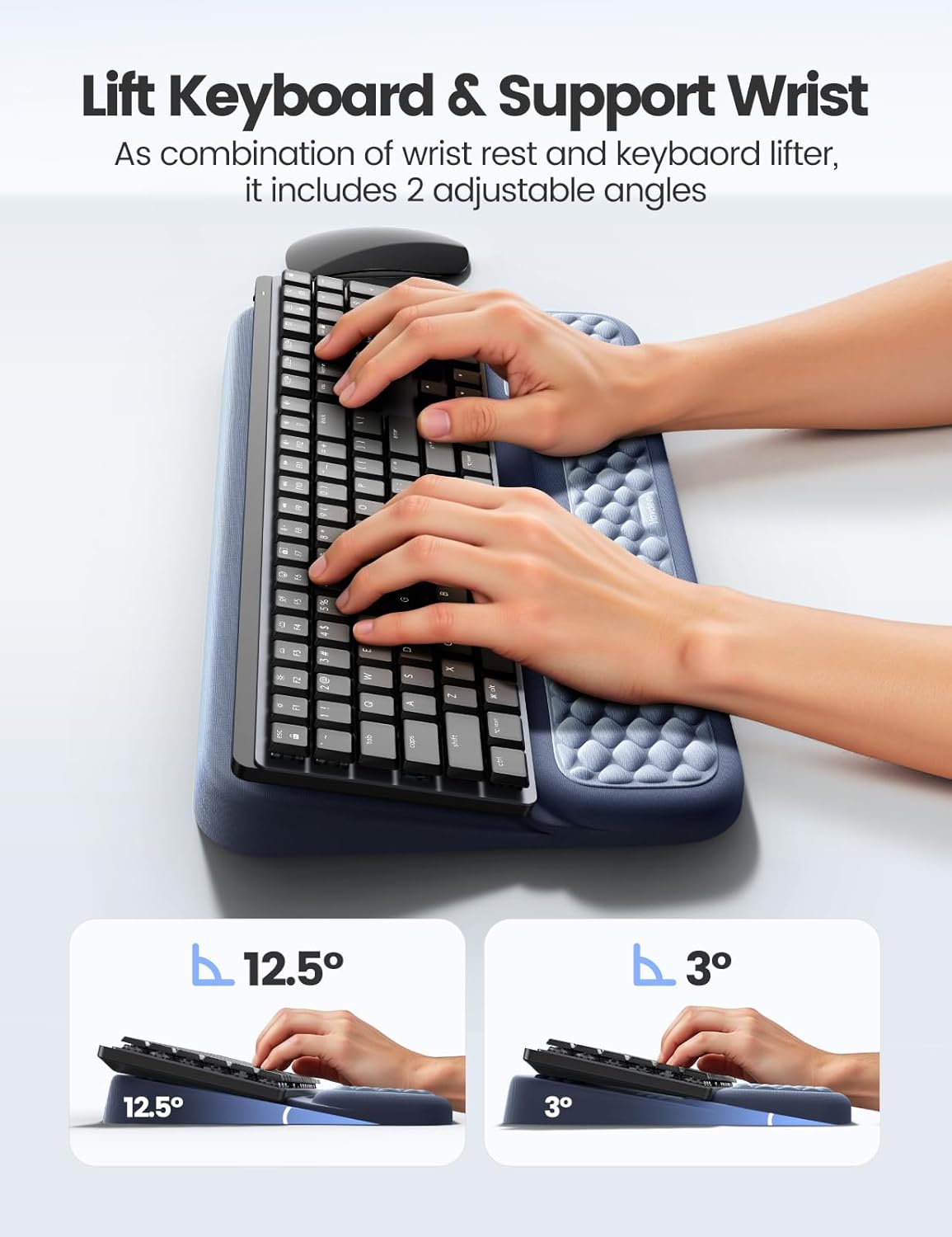 Vaydeer Wrist Rest with Keyboard Stand, Computer Wrist Support Pad, Ergonomic Keyboard Riser Holder Lift Tray with Wrist Pad, Soft Memory Foam Desk Cushion, Palm Hand Typing for Office Home Gift-Blue