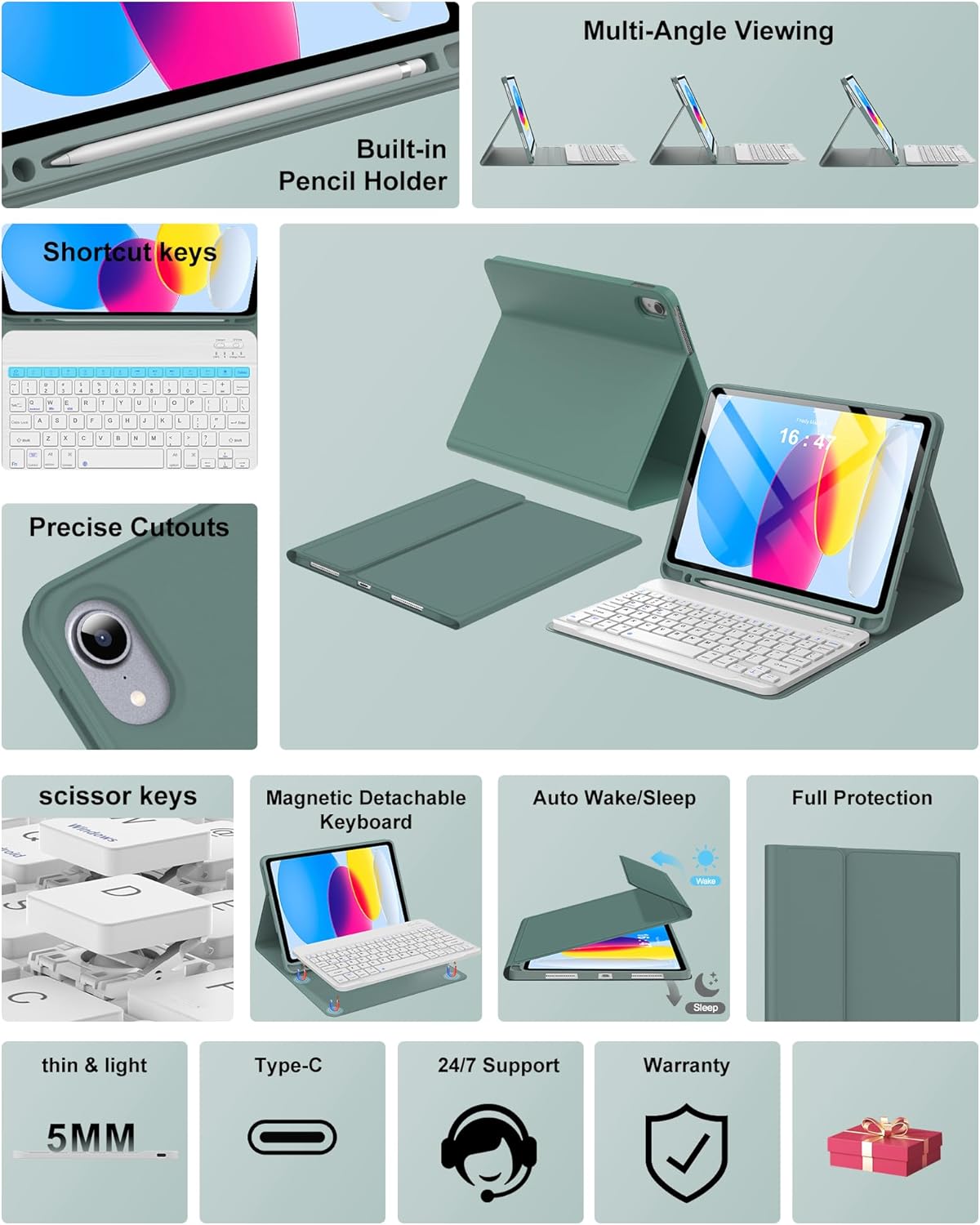 Keyboard Case for iPad 10th Generation 2022 10.9-inch - Rechargeable Detachable Wireless Bluetooth Keyboard - Smart Folio Cover with Pencil Holder for 10.9 inch Apple iPad 10th Generation, Dark Green