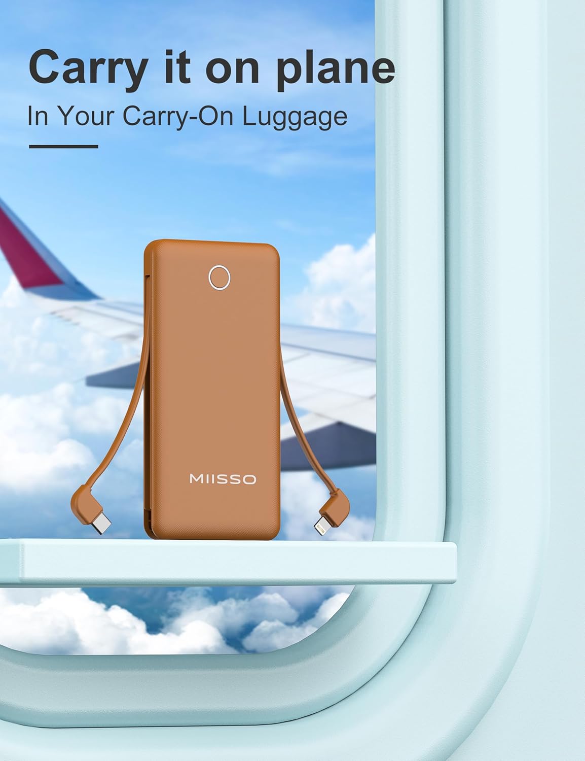 10000mAh Slim Portable Charger with Built in Cable, Power Bank Travel Charger External Battery Pack for Phone, 4 Output USB Type C Cord Clutch Charger Compatible with iPhone, Brown