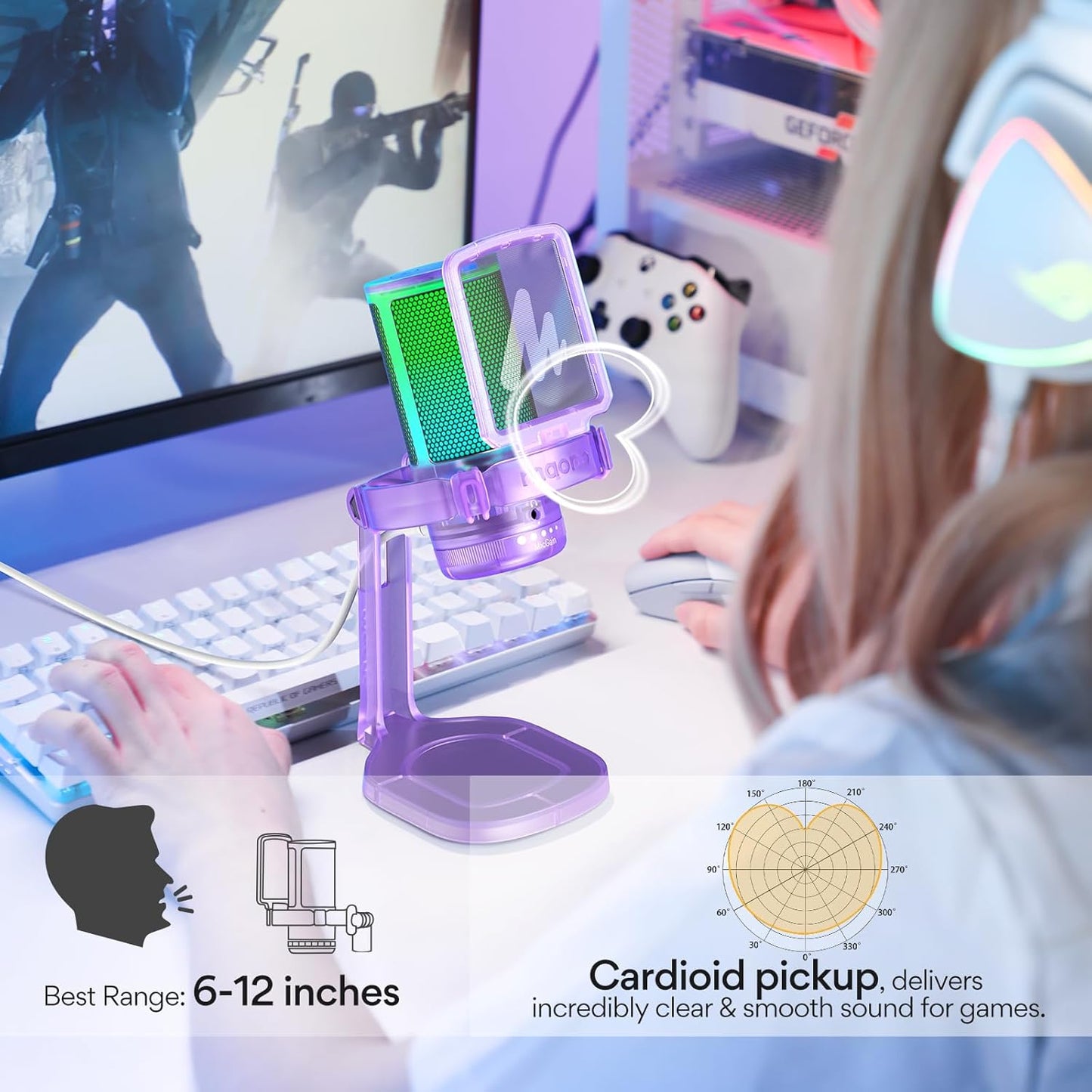 MAONO Gaming Microphone with Noise Cancellation, PC USB Condenser Mic for Computer, Mac, Laptop, PS5, Streaming, Podcast, Twitch, YouTube, Discord, GamerWave DGM20 Purple