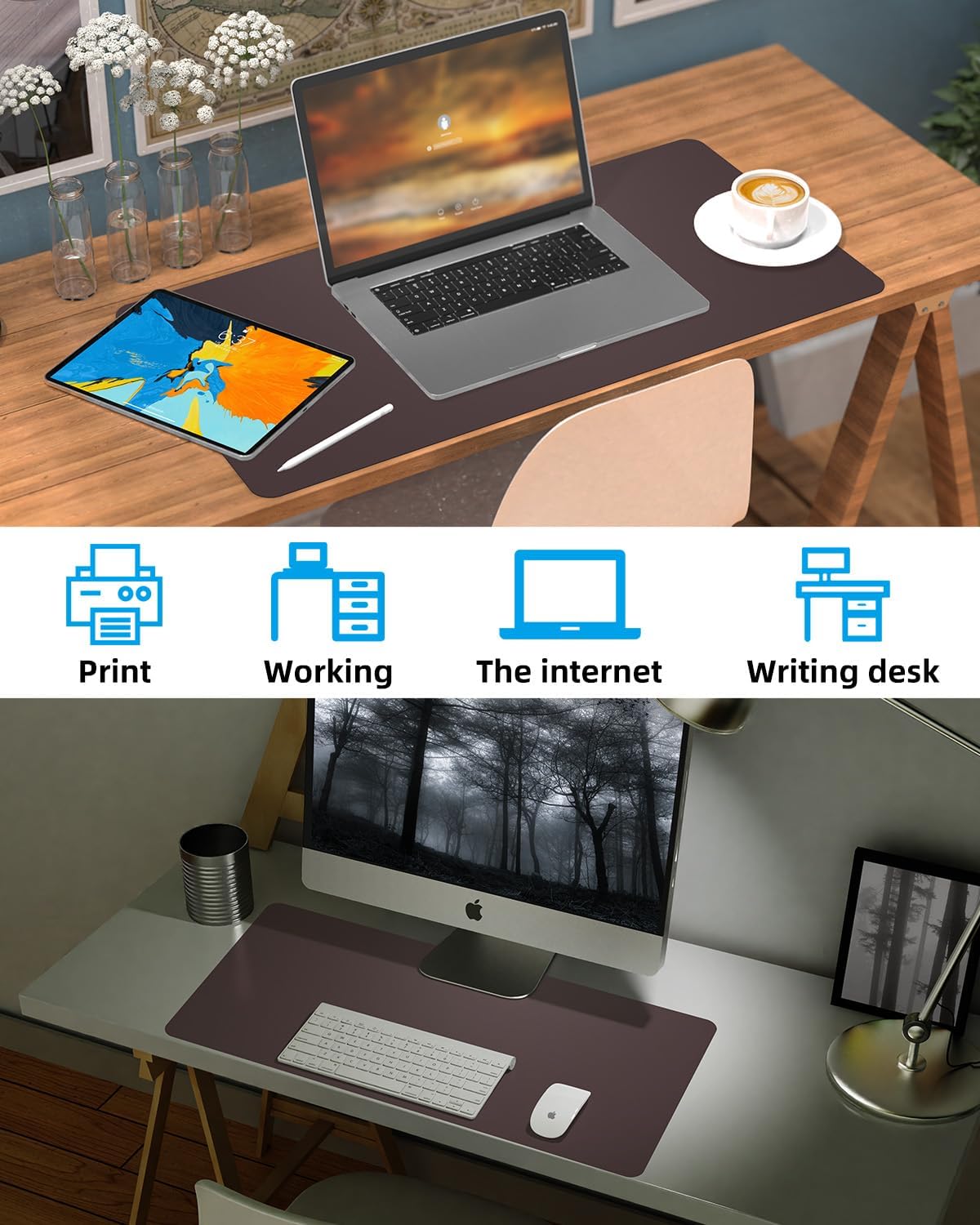 Non-Slip Desk mat,PULeather Desk Pad Protector, Office Desk Mat, Large Mouse Pad,Desk Blotter, Laptop Desk Pad, Waterproof Desk Writing Pad for Office and Home (Coffee, 35.4" x 17")