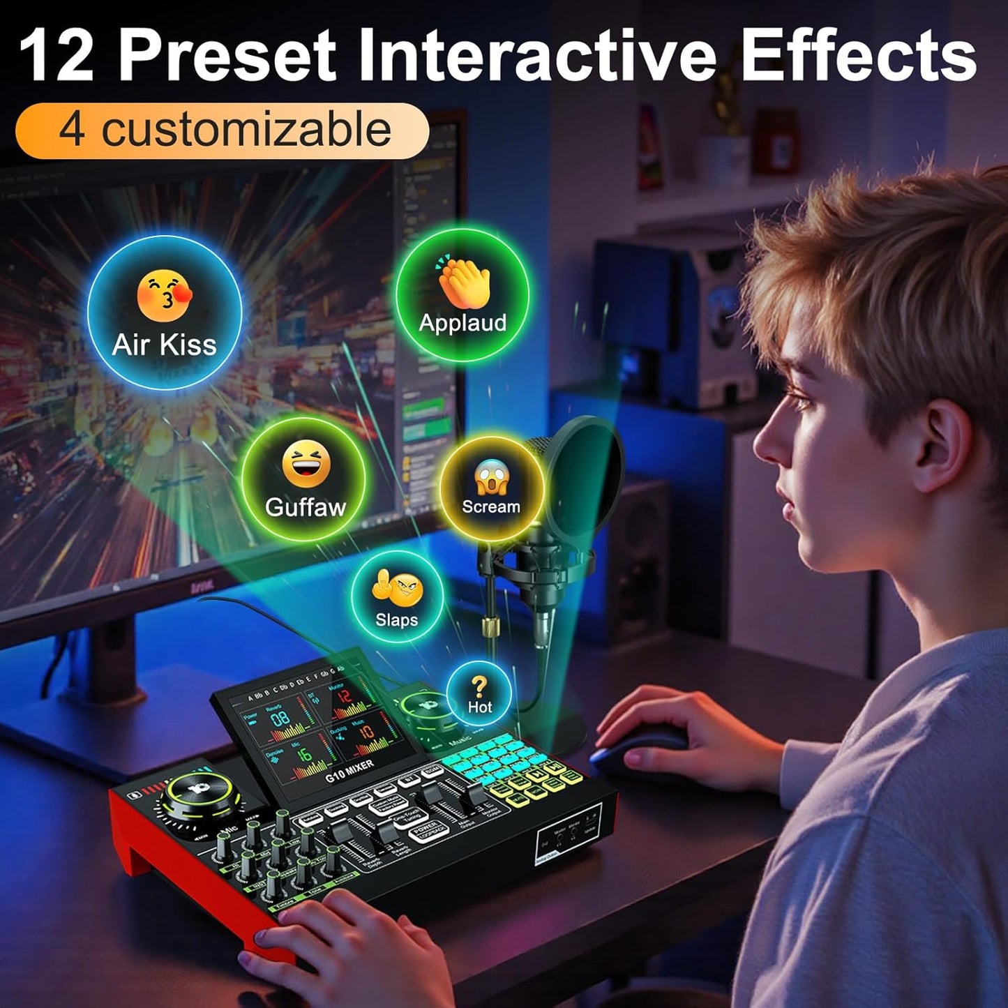 Podcast microphone bundle, live sound card, streaming audio mixer, podcast equipment bundle for PC/mobile live streaming, singing, gaming, soundboard with voice changer and noise reduction function