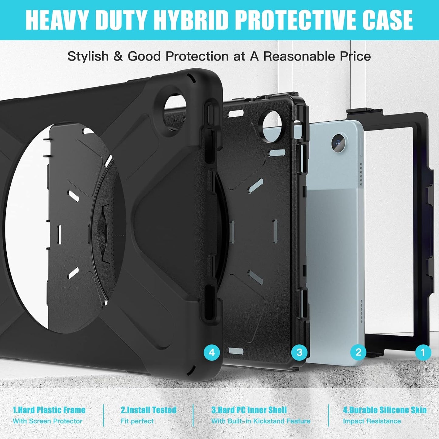 Junfire Shockproof Case for Lenovo Tab M10 Plus 3rd Gen 10.6" 2022, Heavy Duty Rugged Case with Hand Strap/360°Rotating Kickstand/Shoulder Belt for TB-125F/TB-128F, Black