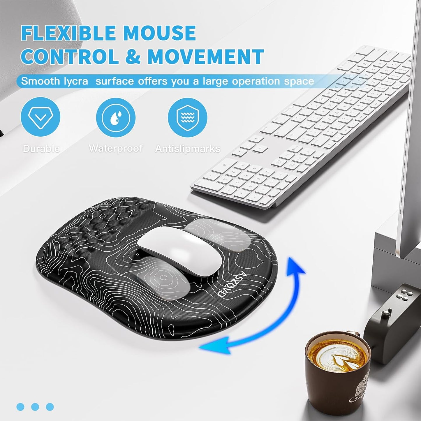 Mouse Pad with Wrist Rest, Ergonomic Mousepads with Wrist Support, Soft Lycra Fabric Memory Foam Office Desk Accessories for Comfort/Pain Relief/PC Gaming/Computer/Laptop (Black Topographic)