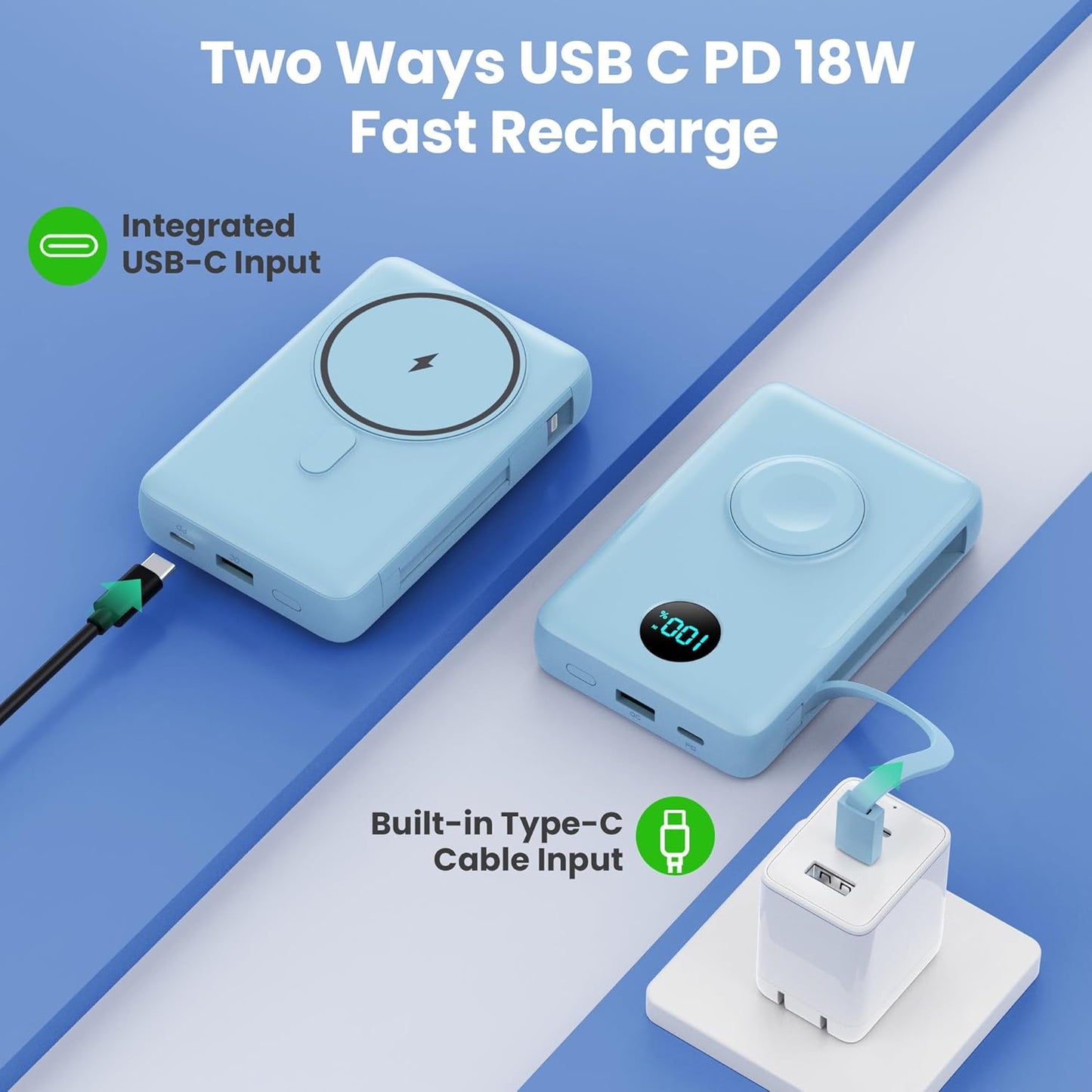 Magnetic Portable Charger 10800mAh for iPhone with Built-in Cables, 6-in-1 Wireless Power Bank with iWatch Charger, 25W PD Fast Charging USB C Battery Pack for iPhone 16/15/14/13,Apple Watch(Sky Blue)