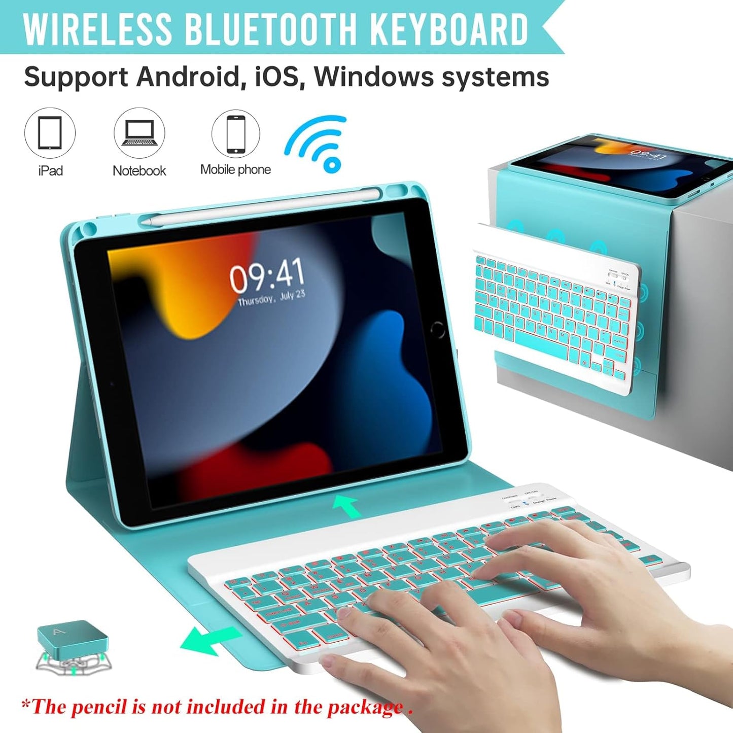 Keyboard Case for iPad 9th/8th/7th Generation 10.2 inch,360° Rotatable iPad Air 3 Pro 10.5-inch Case with Pencil Holder(2021/2020/2019/2017),7 Color Backlit Bluetooth Keyboard Folio Cover (Lake Blue)