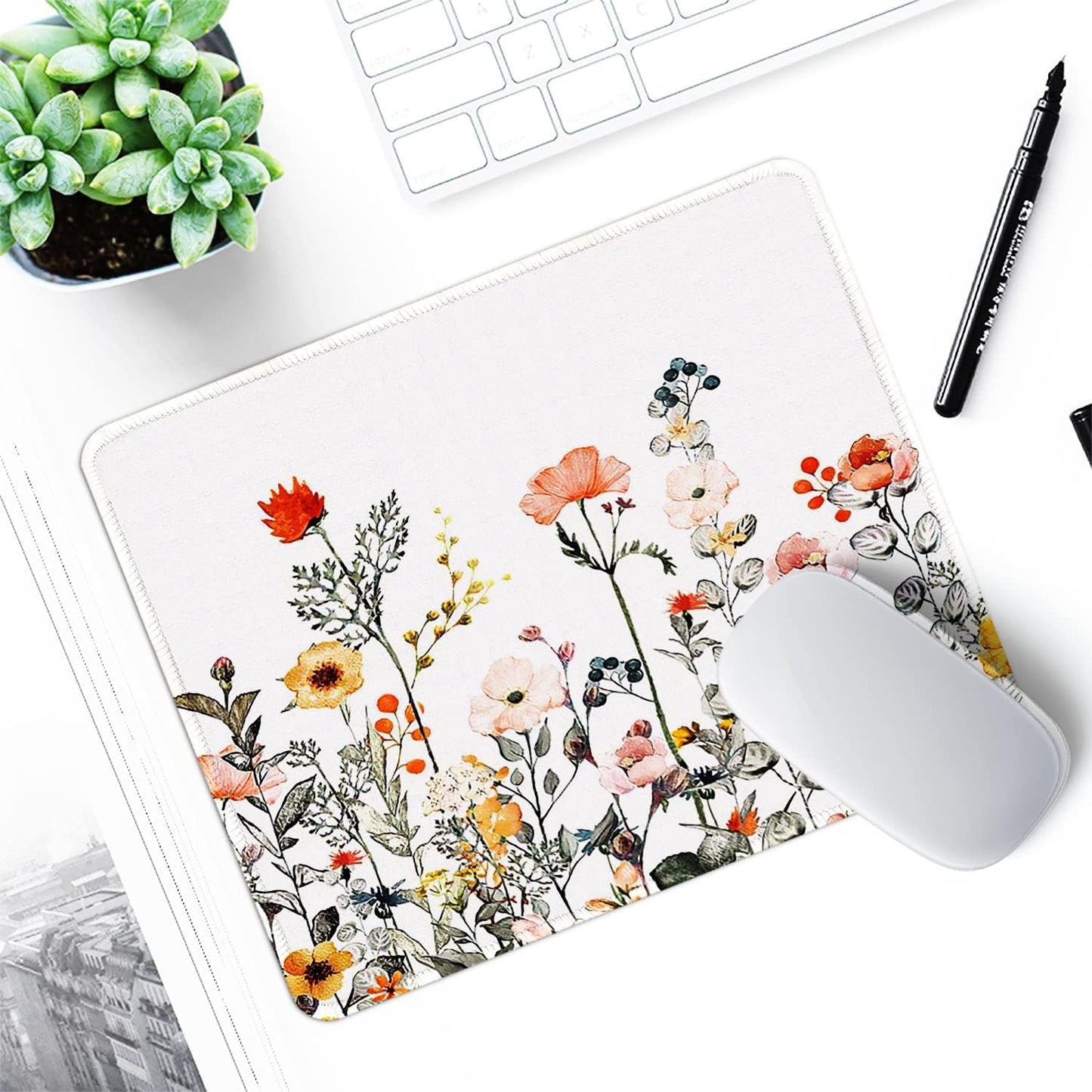 ITNRSIIET Mouse Pad with Stitched Edge Premium Textured Smooth Precise Operation Waterproof Washable Non-Slip Rubber Base Desktop Protection Mat, 10.2×8.3×0.12 inches, Wildflowers