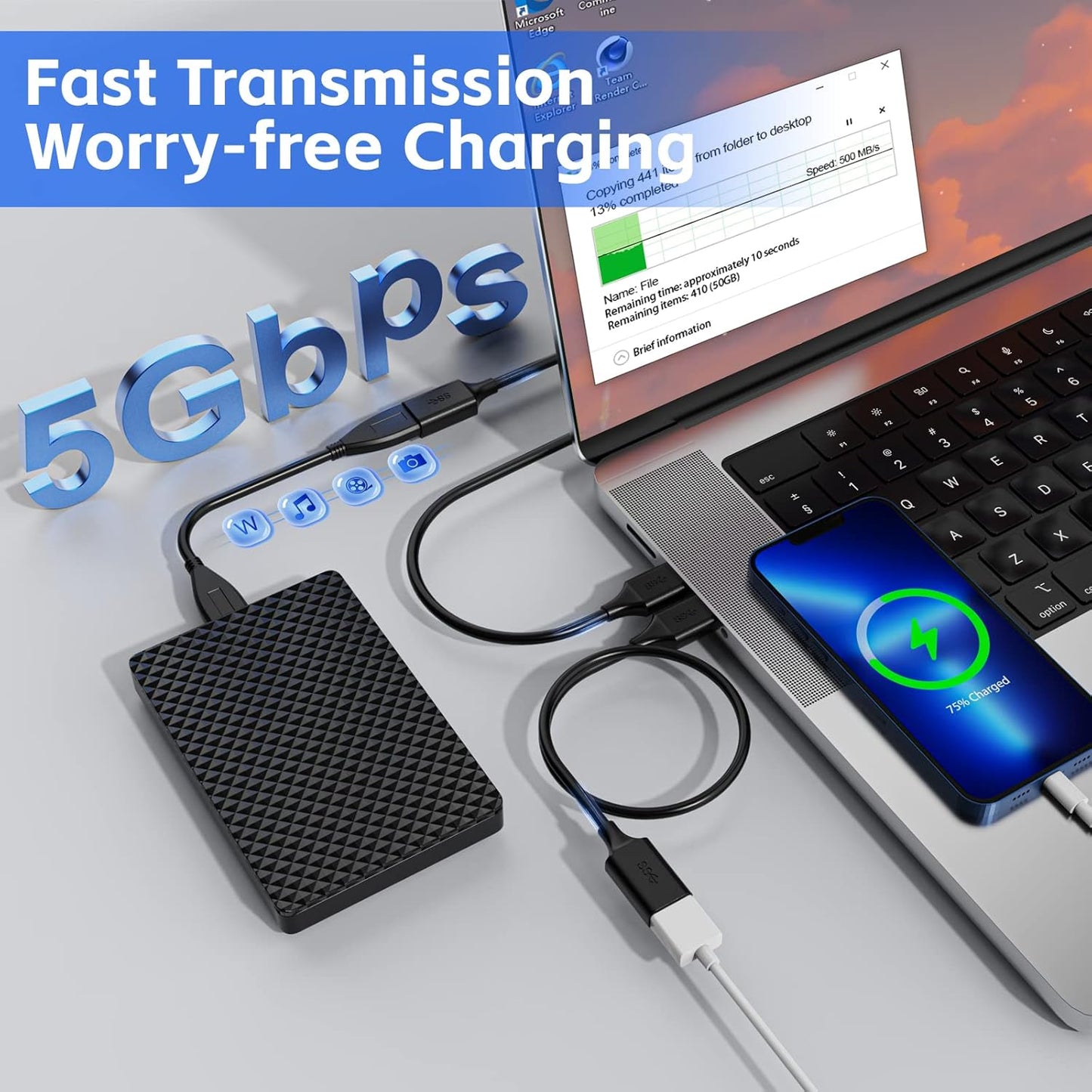 USB 3.0 Extension Cable - 1.6FT(3 Pack), USB A Male to Female, Compatible with Flash Drive, Hard Drive, Card Reader, Webcam, Printer, Keyboard, Mouse, Playstation, Xbox, VR Headset