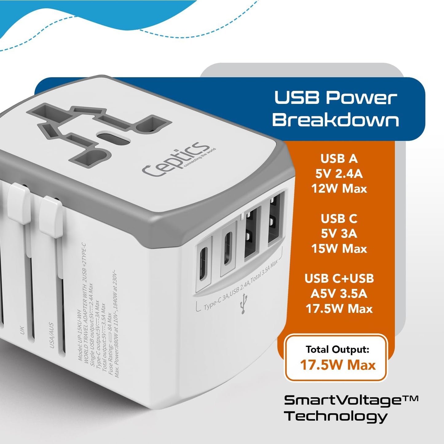 Ceptics Universal Travel Adapter 17.5W, 5 in 1 Universal Laptop Charger with 2X USB-A & USB-C 3.5A for Mobiles, Laptops, Cameras US, UK, EU, AU, All in 1 Type A, C, G, I Output, White