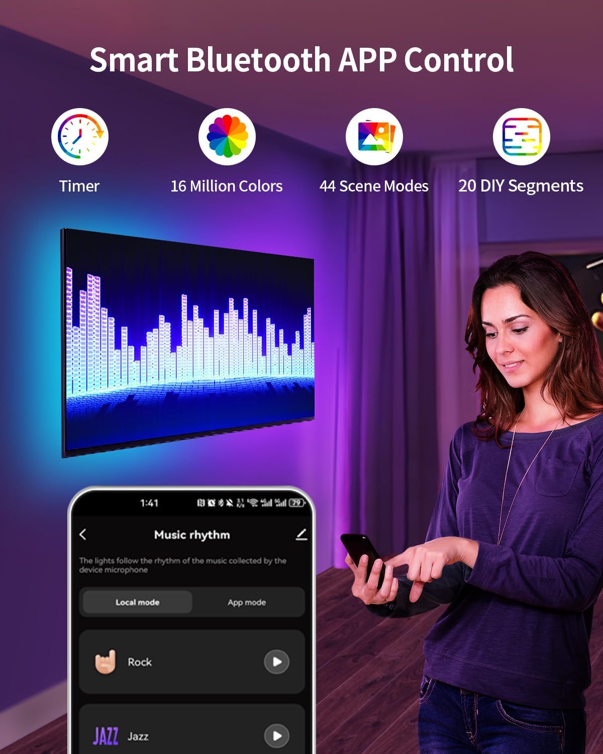 RGB+IC LED Strip Lights, Smart LED Light for Bedroom, Color Changing LED Strips with 44 Scene Modes, Segmented Control, for Bedroom Home TV Wall Décor, Party, Festival, Gathering