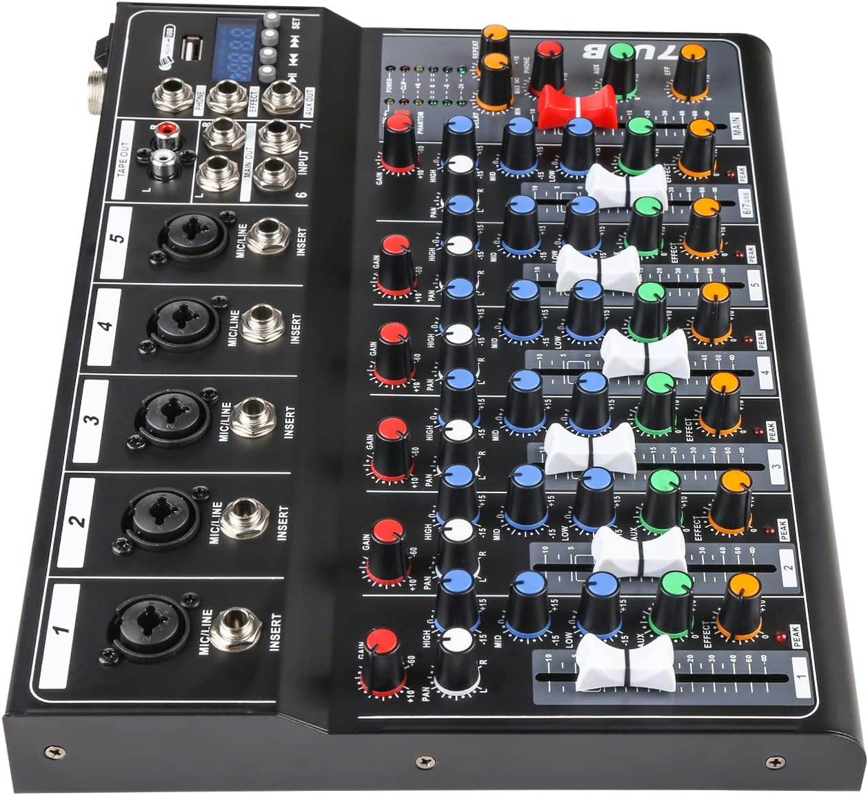Dj Mixers 7 Channel Audio Mixer Sound Board with Bluetooth, Usb Audio Interface with 48V Phantom Power Sounds Mixer Board with FX Reverb Delay Effect for Streaming