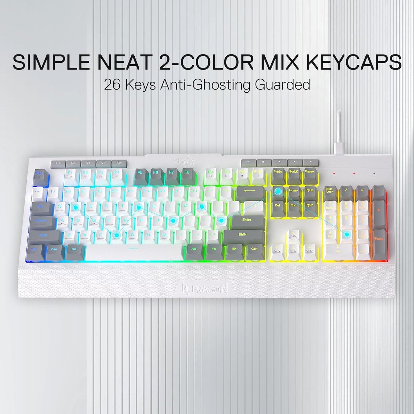 Redragon K525 RGB Backlit 104 Keys Wired Membrane Gaming Keyboard w/ 5 Multimedia Keys & 4 Extra On-Board Macro Keys, Dedicated Media Control, Ergonomic Wrist Rest, Linear Mechanical-Feel Switch