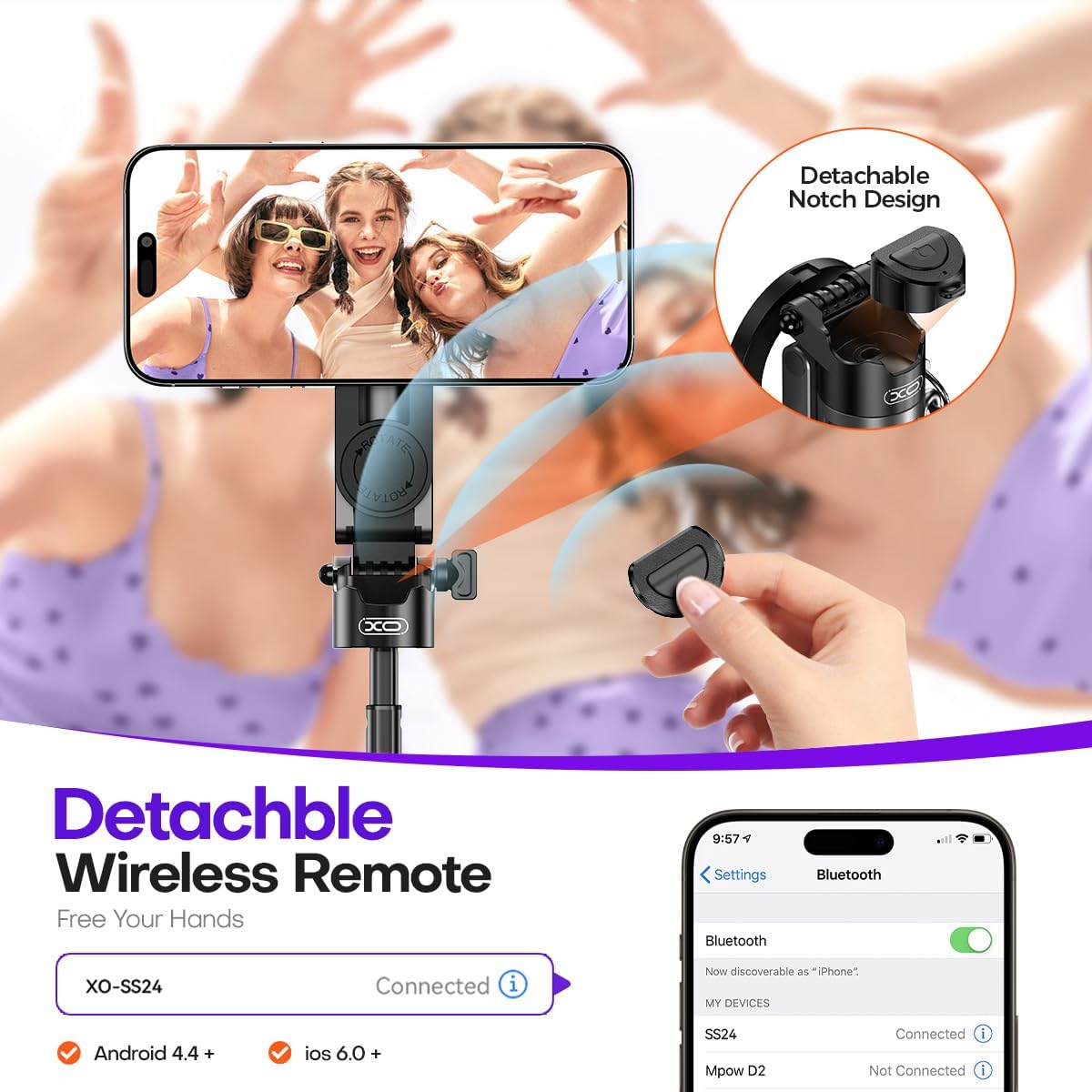 Magnetic Mini Phone Selfie Stick with 2 Fill Light, 360° Rotation Portable Phone Travel Tripod with Remote Control,Magnetic Chuck & Clip Selfie Stick for iPhone Android TIK Tok/Live/Video Recording