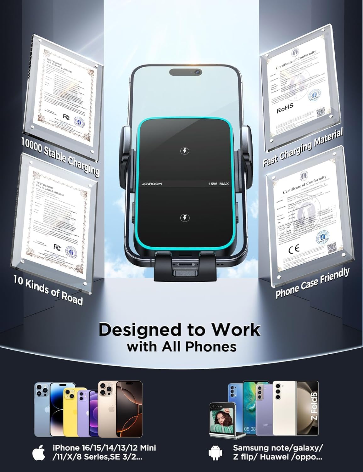 JOYROOM Wireless Car Charger Mount【Dual Coil】 Car Phone Holder Charger with Auto Smart Clamping Alignment for iPhone 16 Pro Max 15 14 13 12 11 Pro Max, Samsung Flip, Galaxy S24/S24/S22/21Ultra