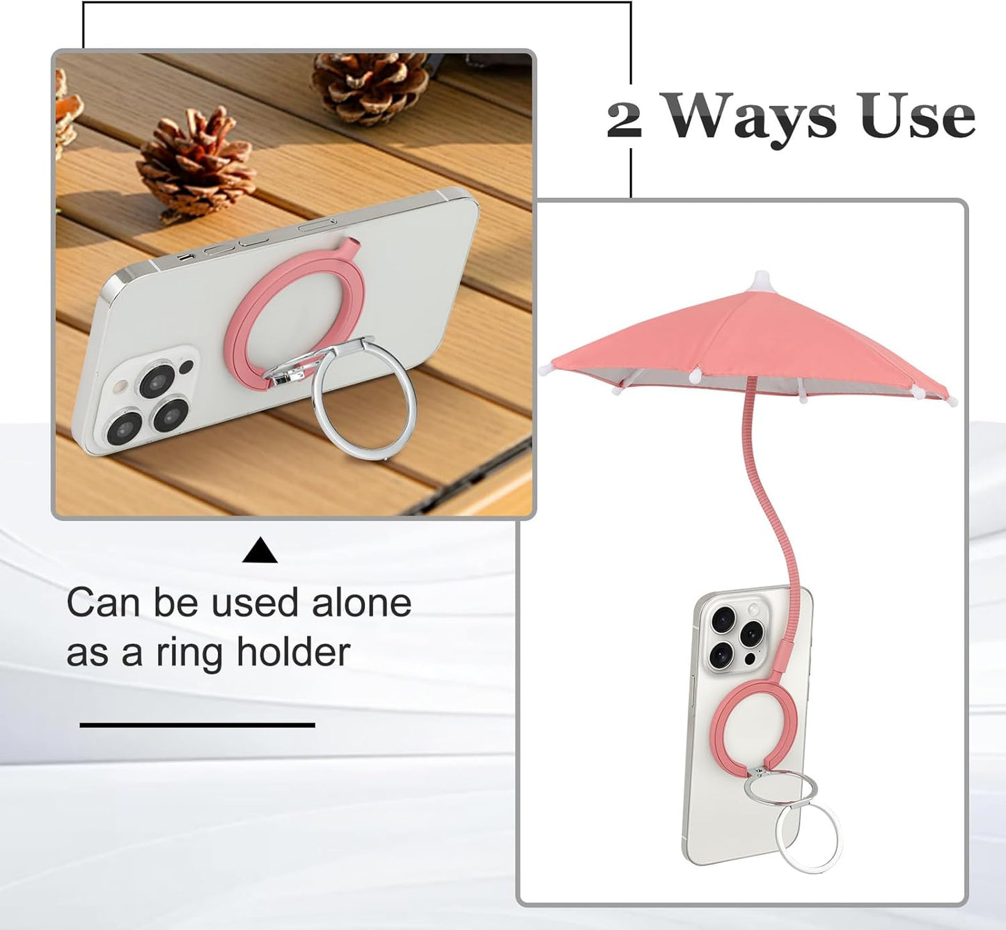 Magnetic Umbrella Phone Stand for Sun Protection,Adjustable Sun Shade Shield for iPhone 16/15/14/13/12 Pro Max,Samsung & Google,Detachable Ring Stand,Heat-Resistant Design,Car Mount Compatible, Pink