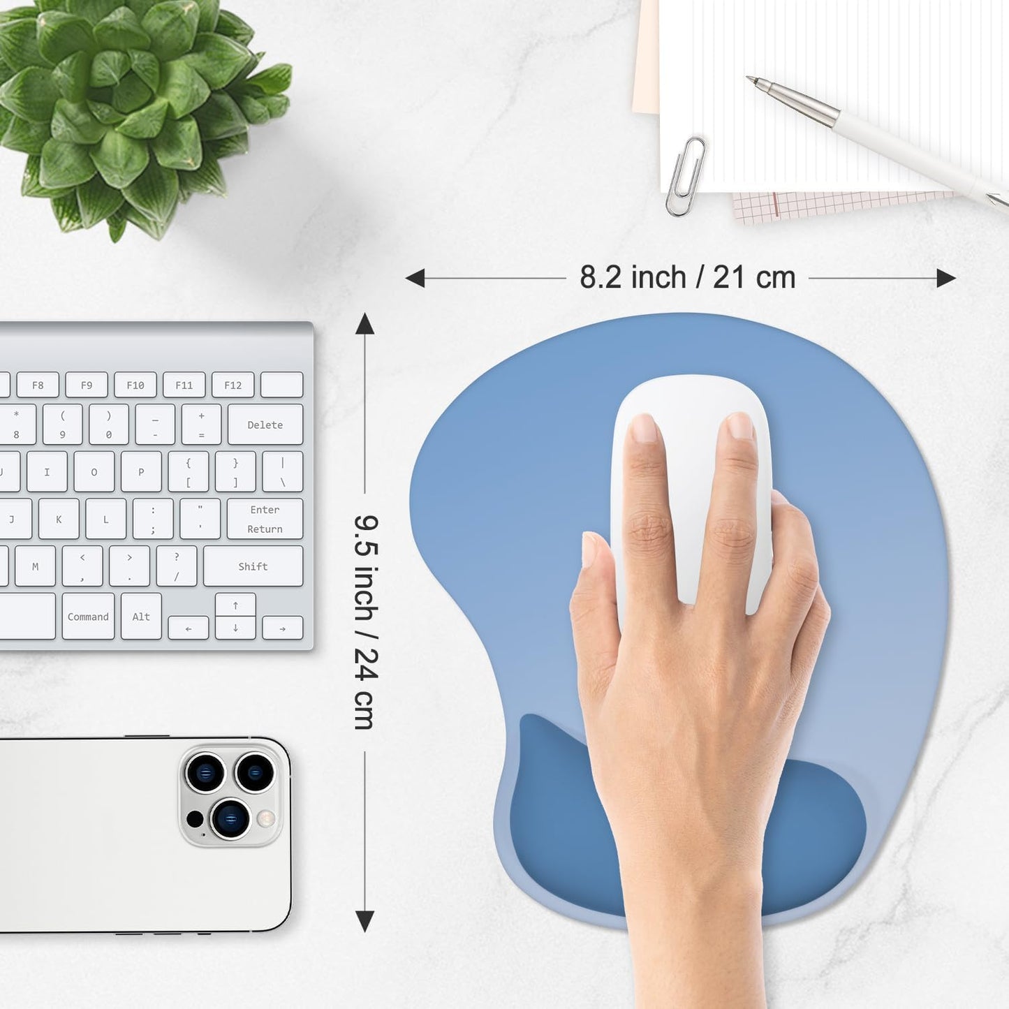 ITNRSIIET Ergonomic Mouse Pad, Cushioned Gel Wrist Rest, Non-Slip Base, Smooth Surface, Compatible with All Mice for Office & Gaming, Desk Accessory, 9.5 x 8.2 inch, Gradient Blue Ombre