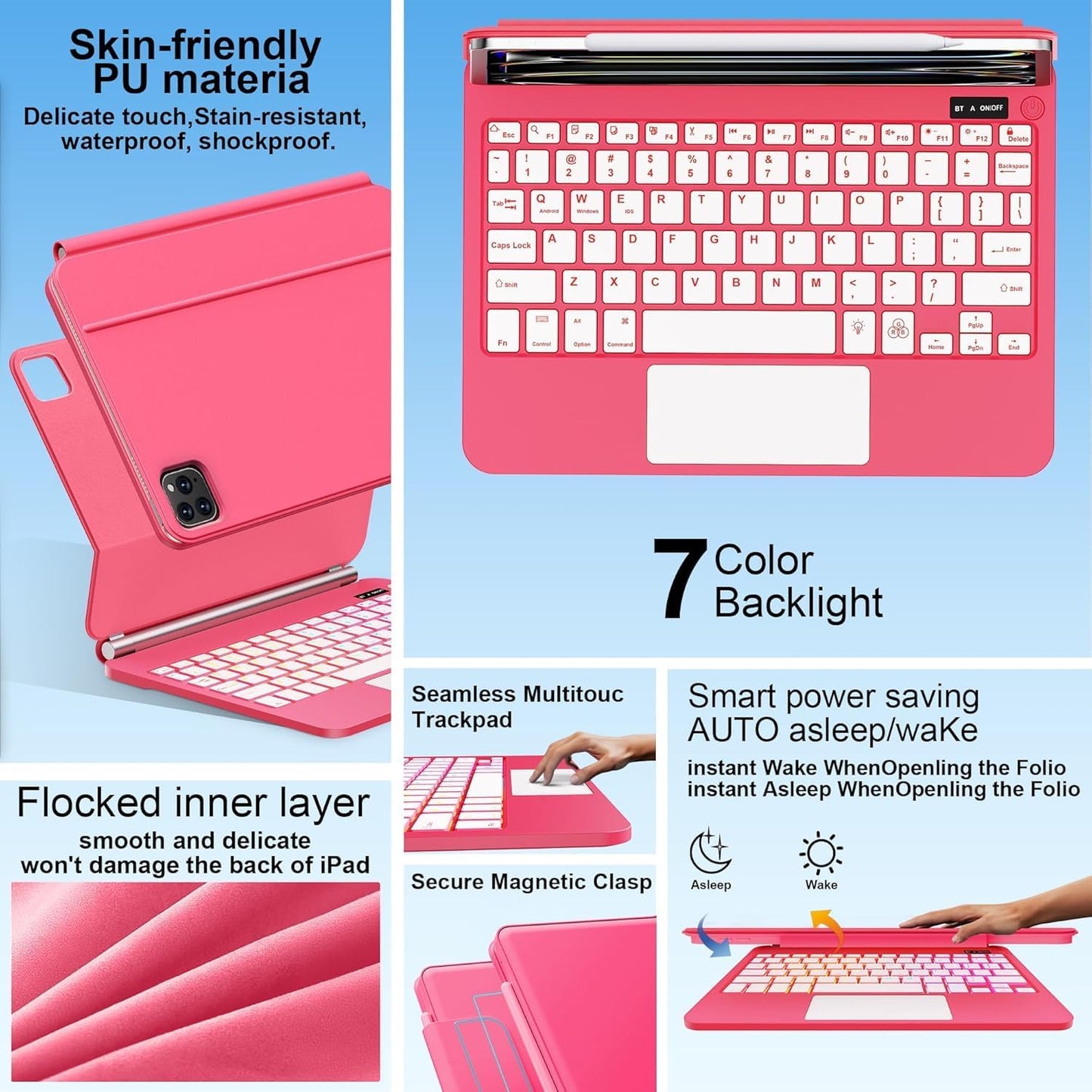 for iPad Pro 13 Inch Case with Keyboard (M4, 2024)๏ผMagic-Style Magnetic โ 7 Colors Backlight -Floating Cantilever Stand - Multi-Touch Trackpad Keyboard Case for iPad Pro 13 (Rose Red)