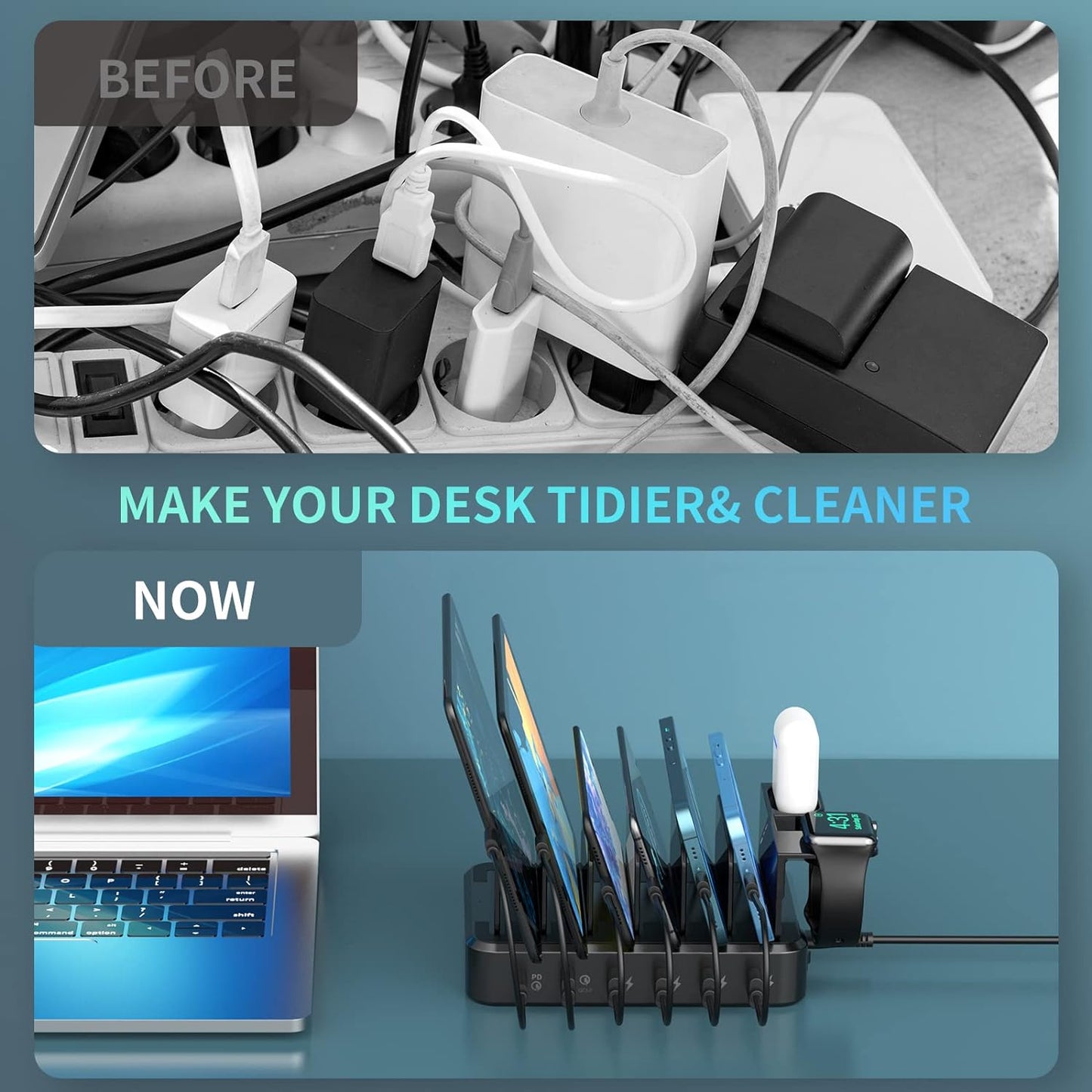 Charging Station for Multiple Devices,68W 6 Ports USB Charger Station with 20W PD USB-C Fast Charging,8 Short Charging Cables Included,Compatible with iPhone 15/14 /13/12, Galaxy iPad,Tablets