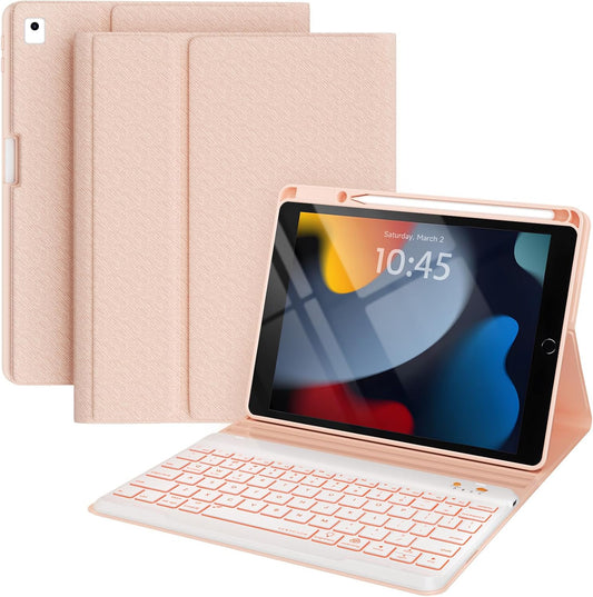 Keyboard and Case for iPad 7th/8th/9th Generation 10.2-inch 2018/2020/2021, iPad Air 3 2019, 2017 iPad Pro 10.5-inch Case with Pencil Holder, Detachable Wireless BT Keyboard, Tablet Smart Cover(Pink)