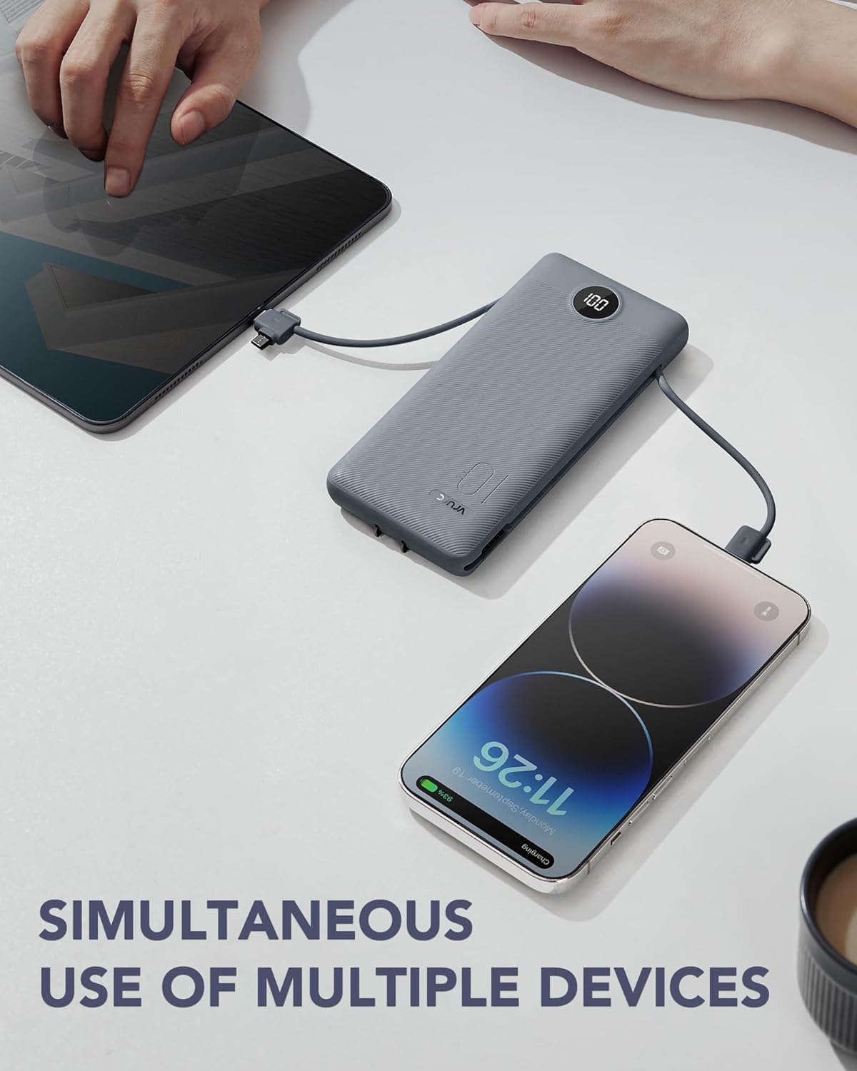 VRURC Portable Charger Built-in Cables and AC Wall Plug, USB C Power Bank 10000mAh, Travel Battery Portable Phone Charger Compact Lightweight External Battery Pack for Smart Phones, Tablets etc-Grey