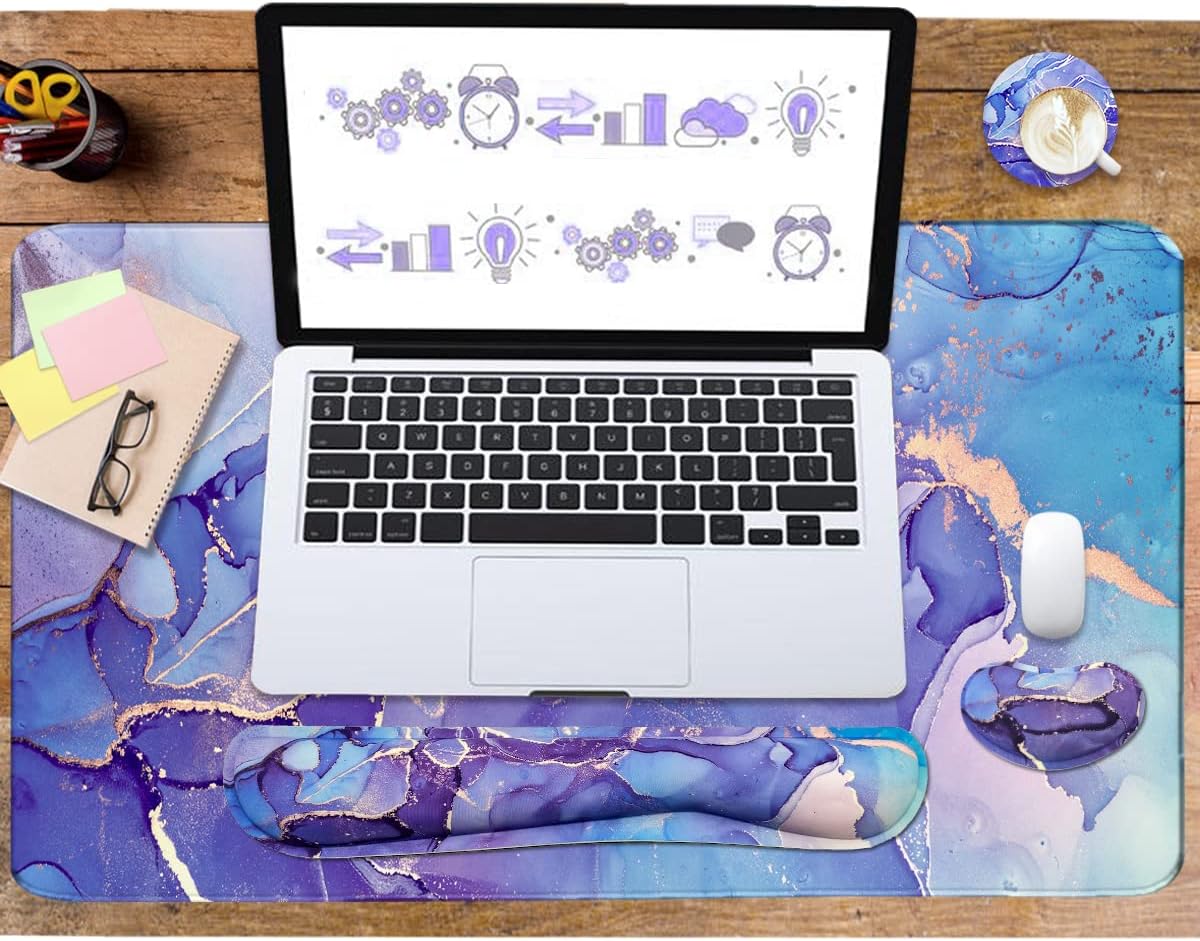 Large Mouse Pad and Keyboard Wrist Rest, Desk Pad for Keyboard and Mouse, 4-in-1 Large Gaming Mouse Pad with Wrist Support - Purple Marble