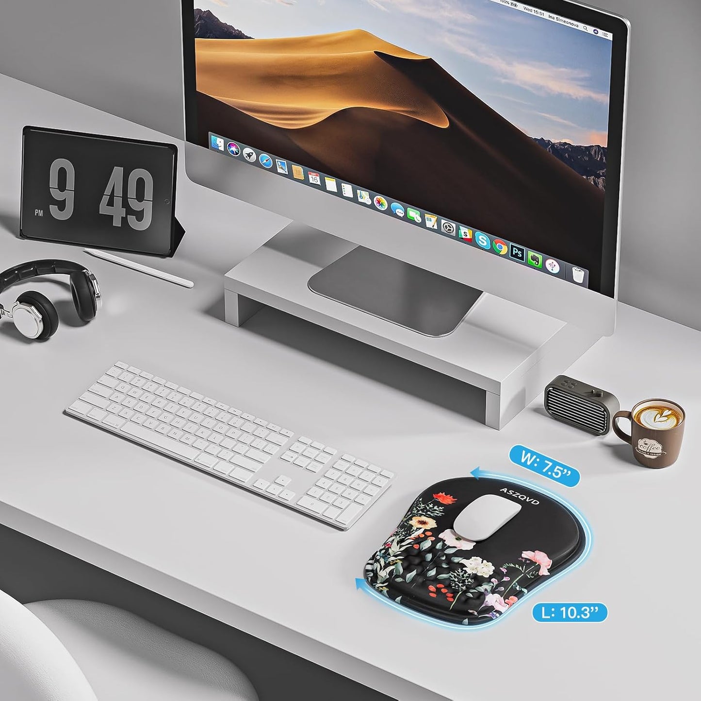 Mouse Pad with Wrist Rest, Ergonomic Mousepads with Wrist Support, Soft Lycra Fabric Memory Foam Office Desk Accessories for Comfort/Pain Relief/PC Gaming/Computer/Laptop (Black Flower)