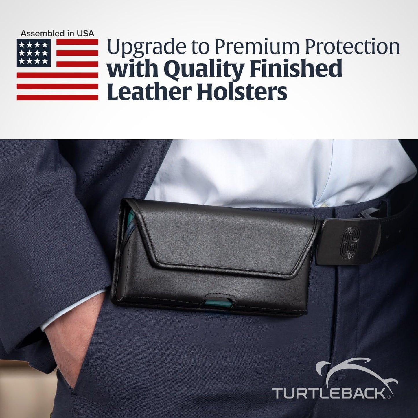 Turtleback Belt Holder for iPhone 16 Pro Max, 15 Pro Max, 14 Pro Max -Large- Fits w/Defender Bulky Style Cases, Premium Black Leather, Horizontal Case, Magnetic Close, Leather Wrapped Belt Clip