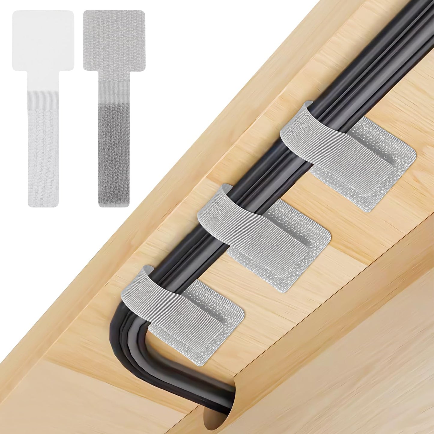 40 PCS Hook and Loop Cable Ties, Self-Adhesive Hook and Loop Cable Straps, Sticky-Back Wire Organizer for Under Desk Cable Management, Adjustable Cable Straps Clips for Home Office(White, Gray)