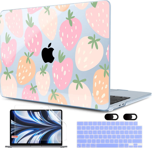 MEEgoodo Case for MacBook Air M4/M3/M2 13.6 inch 2025 2024 2022, Fit Model A3240 A3113 A2681, Compatible with MacBook Air 13 inch, Laptop Hard Shell Case with Keyboard Cover, Cute Drawn Strawberries