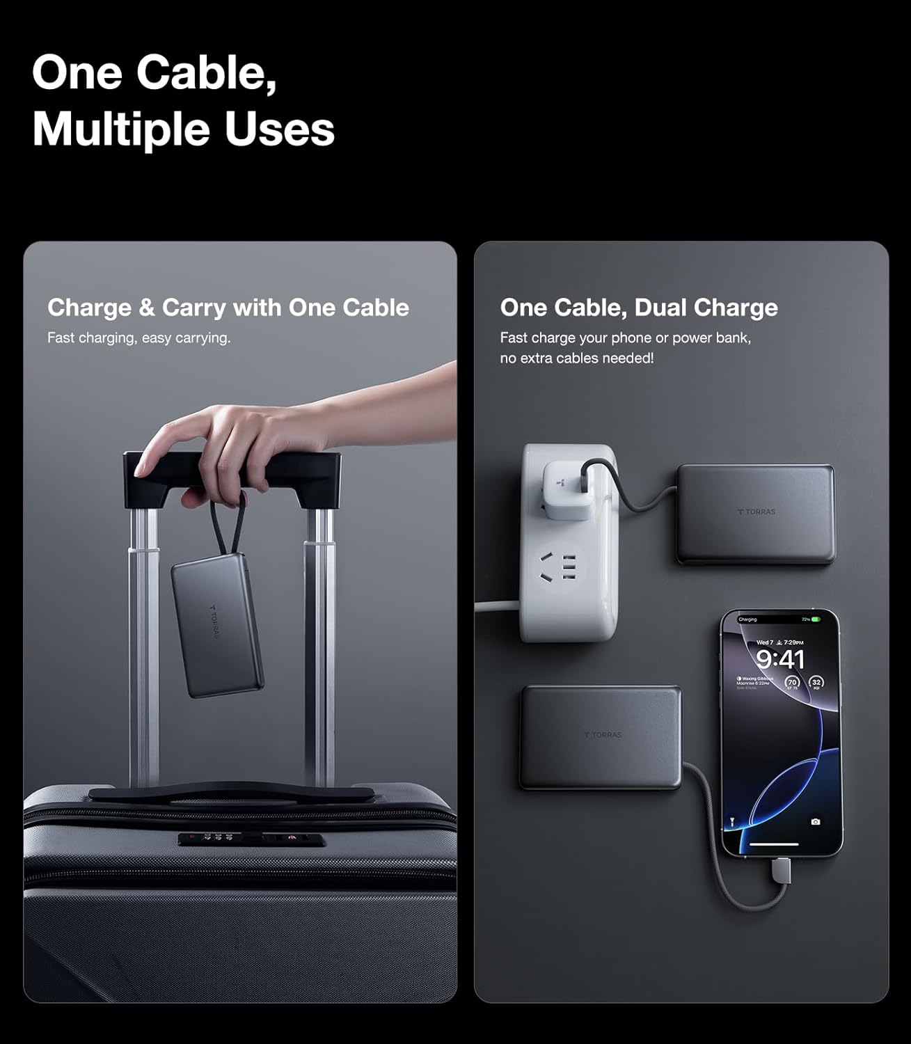 TORRAS Power Bank with Built-in USB-C Cable, Ultra-Slim 10,000mAh Portable Charger USB C, 22.5W Fast Charging Battery Pack for iPhone 16/15/Samsung S24 Ultra/Android, Glacier Grey (No-Wireless)