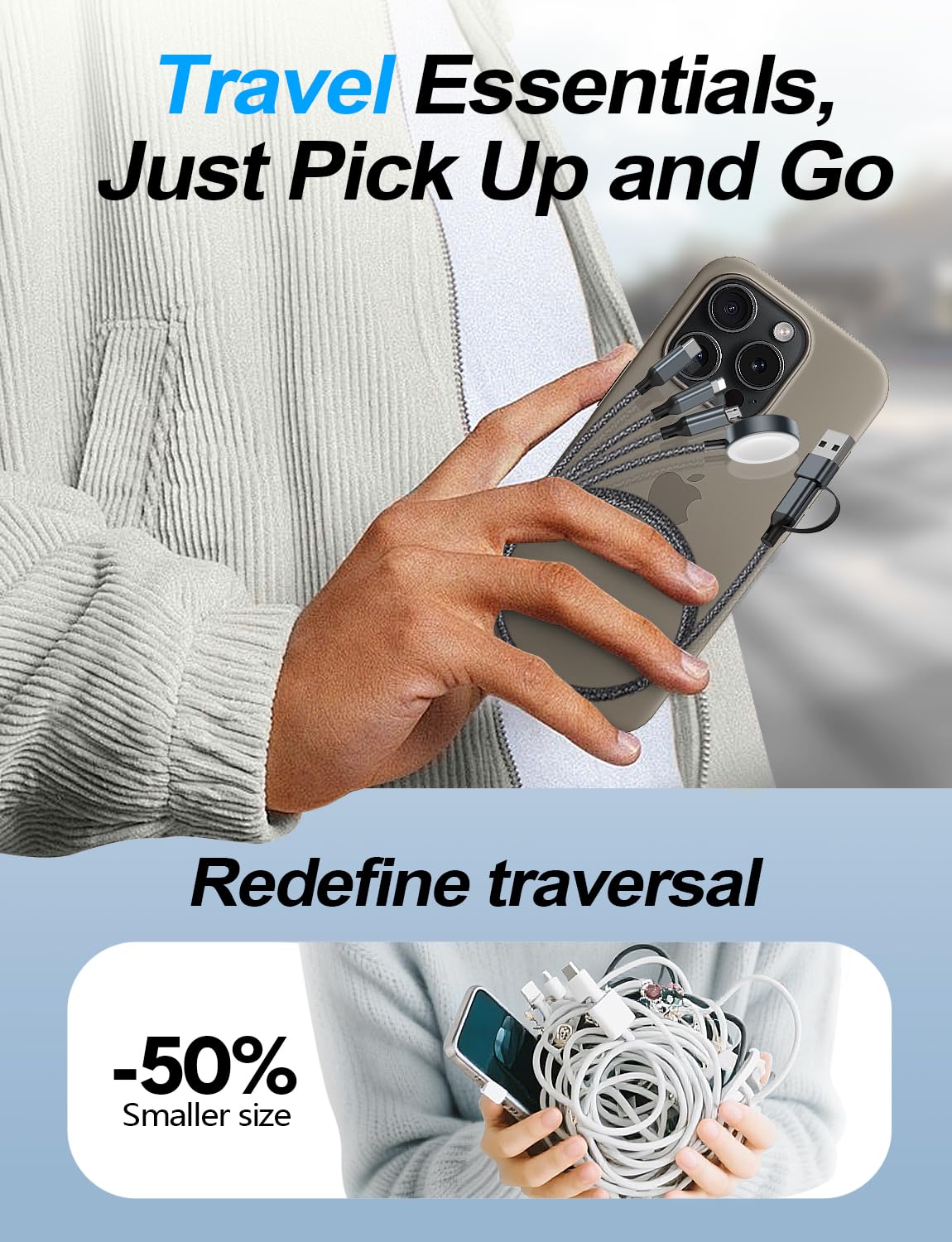 4-in-2 Multi Charging Cable for Apple Watch Charger/Samsung/iPhone Charger,Car/Office/Camping/Travel Essentials,Type C Cable Cord for iWatch Ultra/10-2/iPhone 16-11/Samsung S25-S20,iPad,airPods-Black