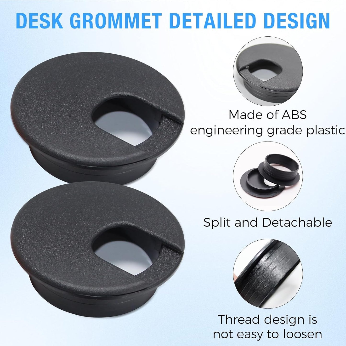 Desk Grommet 1-3/8" (35 mm), Desk Cord Hole Cover, Cable Grommet ABS Plastic, Desk Hole Grommet for Office and Home Table Cable, Detachable Cable Cord Organizer (Black 2 Pcs)
