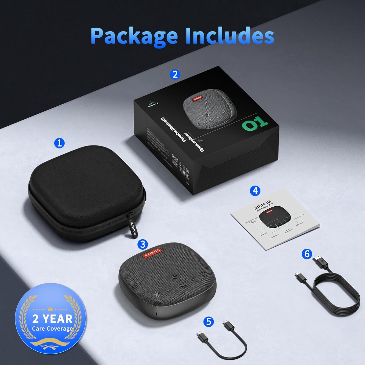 AIRHUG Conference Speaker and Microphone, Bluetooth Speakerphone with 360° Voice Pickup, Advanced Noise Reduction, USB-C Plug & Play, Compatible with Zoom and MS Team